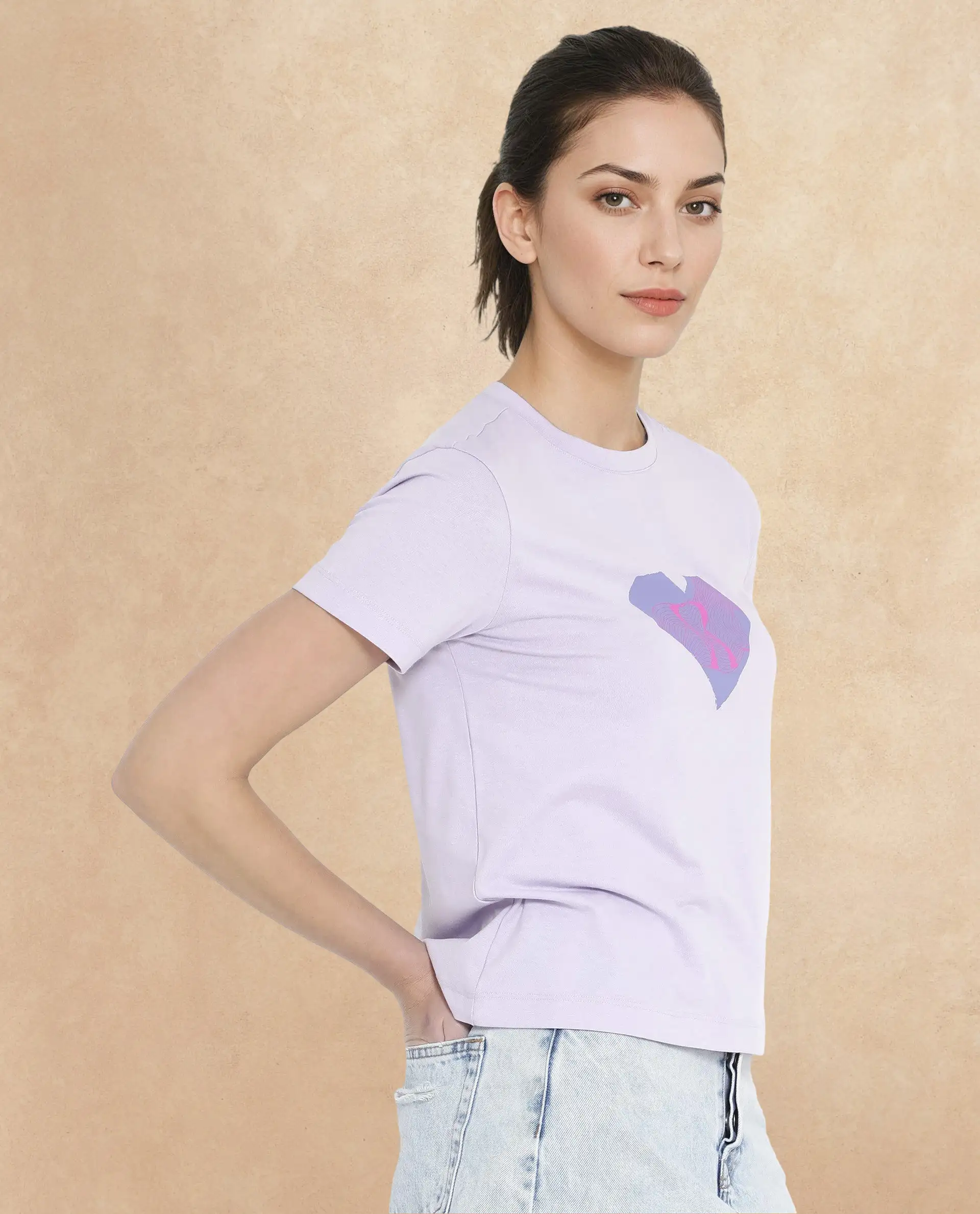 Rareism Women's Lee Pastel Purple Cotton Blend Crew Neck Graphic Print Regular Fit T-Shirt - Image 5