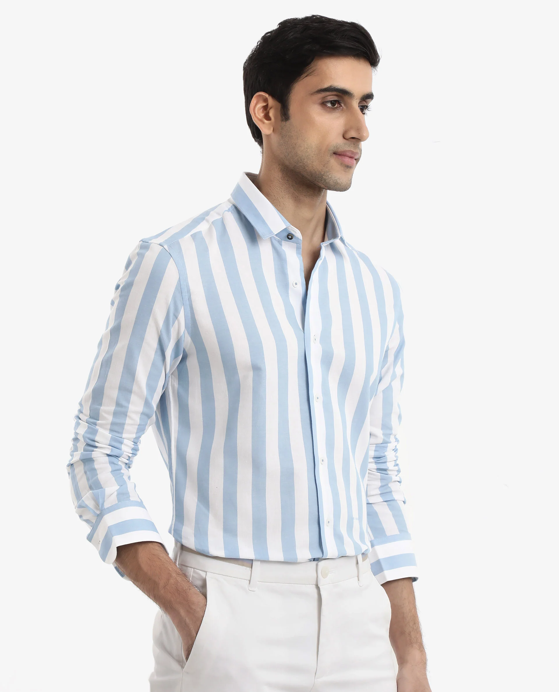 Rare Rabbit Men's Leeds Blue Cotton Striped Print Regular Fit Full Sleeve Collared Shirt - Image 7