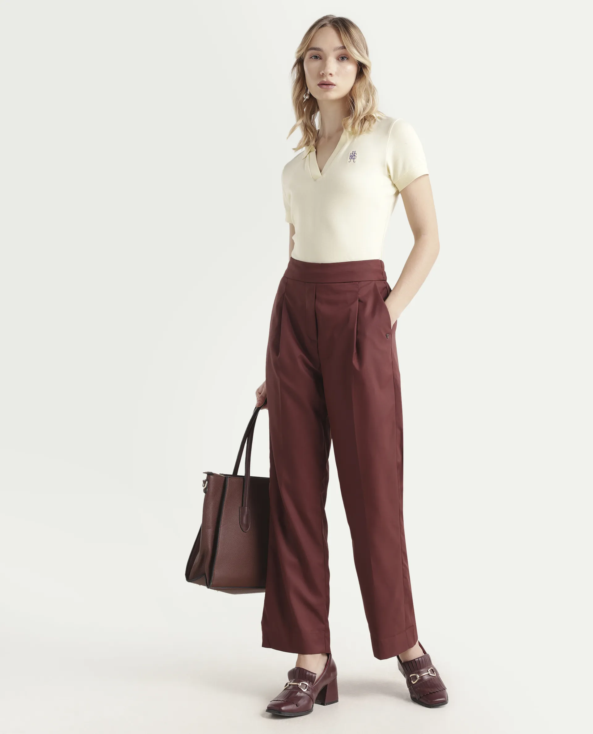 Rareism Women's Leezo Brown Polyester Blend Plain Ankle Length Straight Fit Trouser