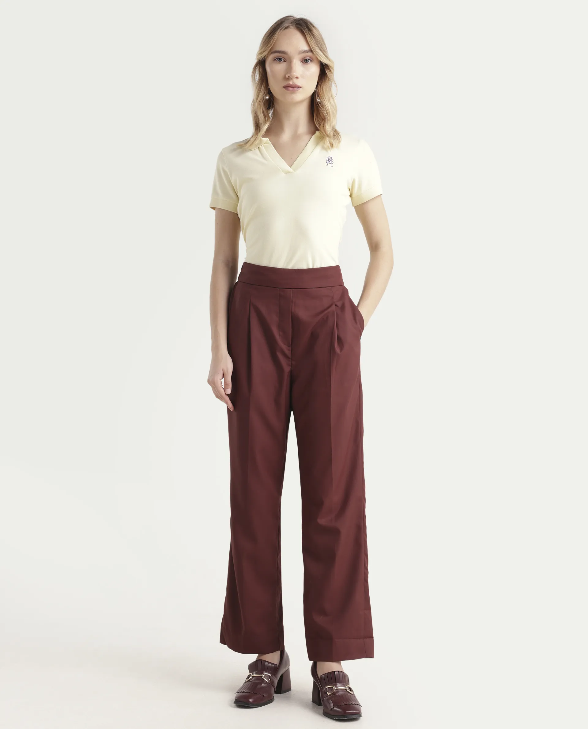Rareism Women's Leezo Brown Polyester Blend Plain Ankle Length Straight Fit Trouser - Image 2