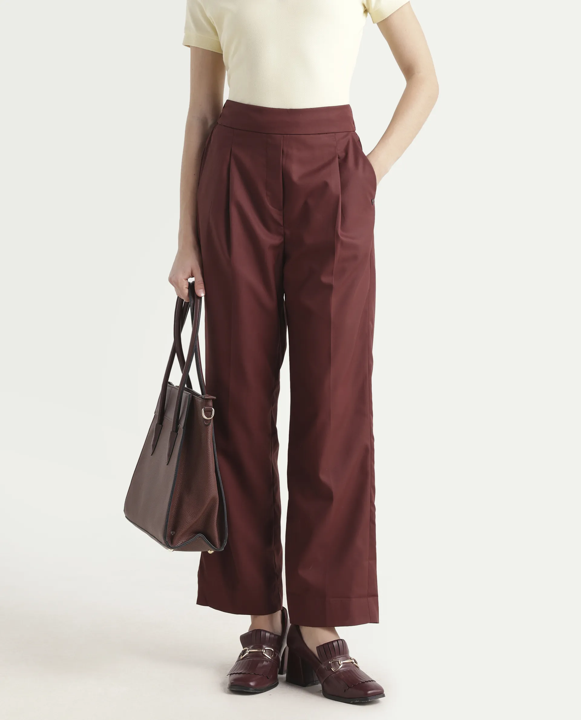 Rareism Women's Leezo Brown Polyester Blend Plain Ankle Length Straight Fit Trouser - Image 3