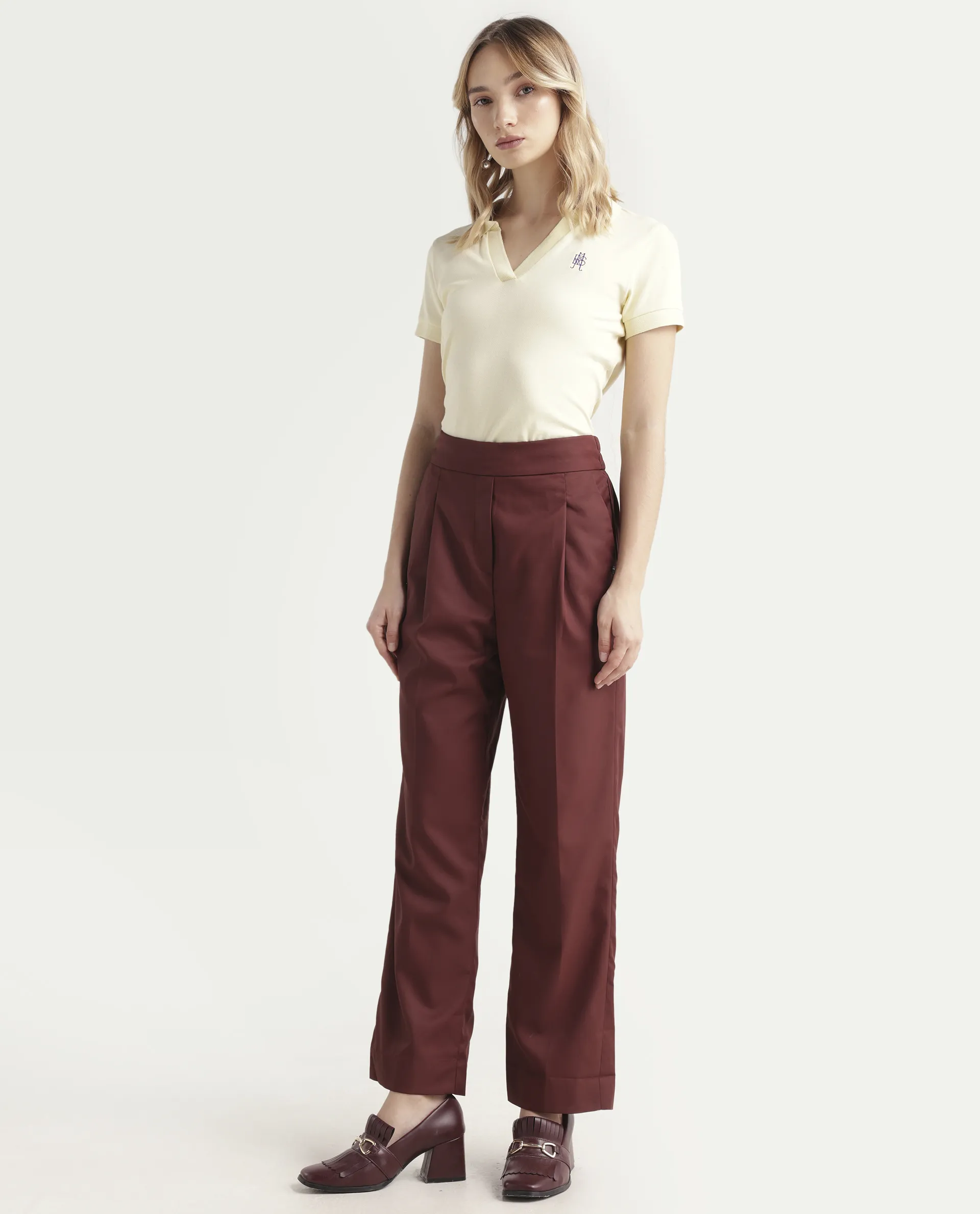 Rareism Women's Leezo Brown Polyester Blend Plain Ankle Length Straight Fit Trouser - Image 5