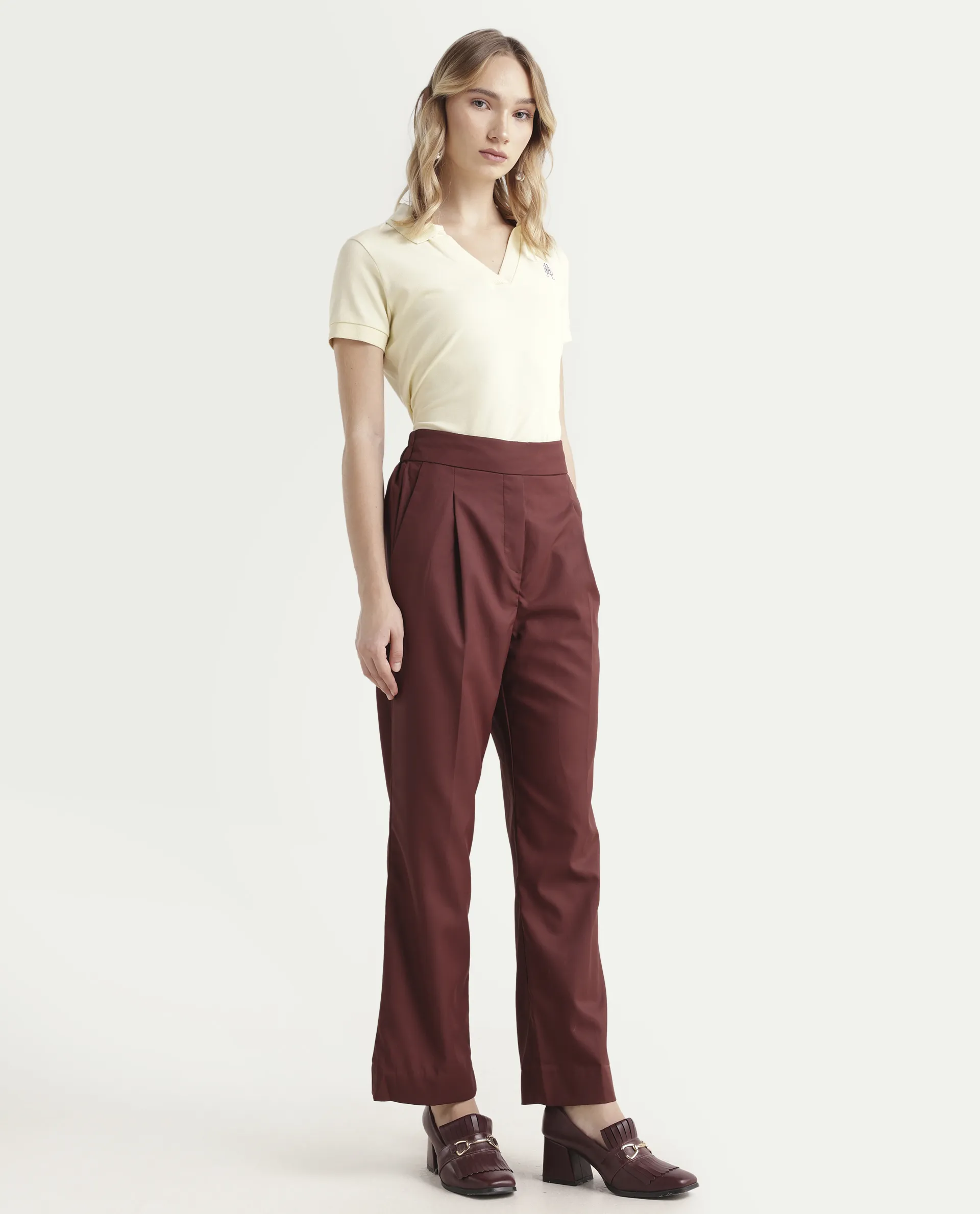 Rareism Women's Leezo Brown Polyester Blend Plain Ankle Length Straight Fit Trouser - Image 6