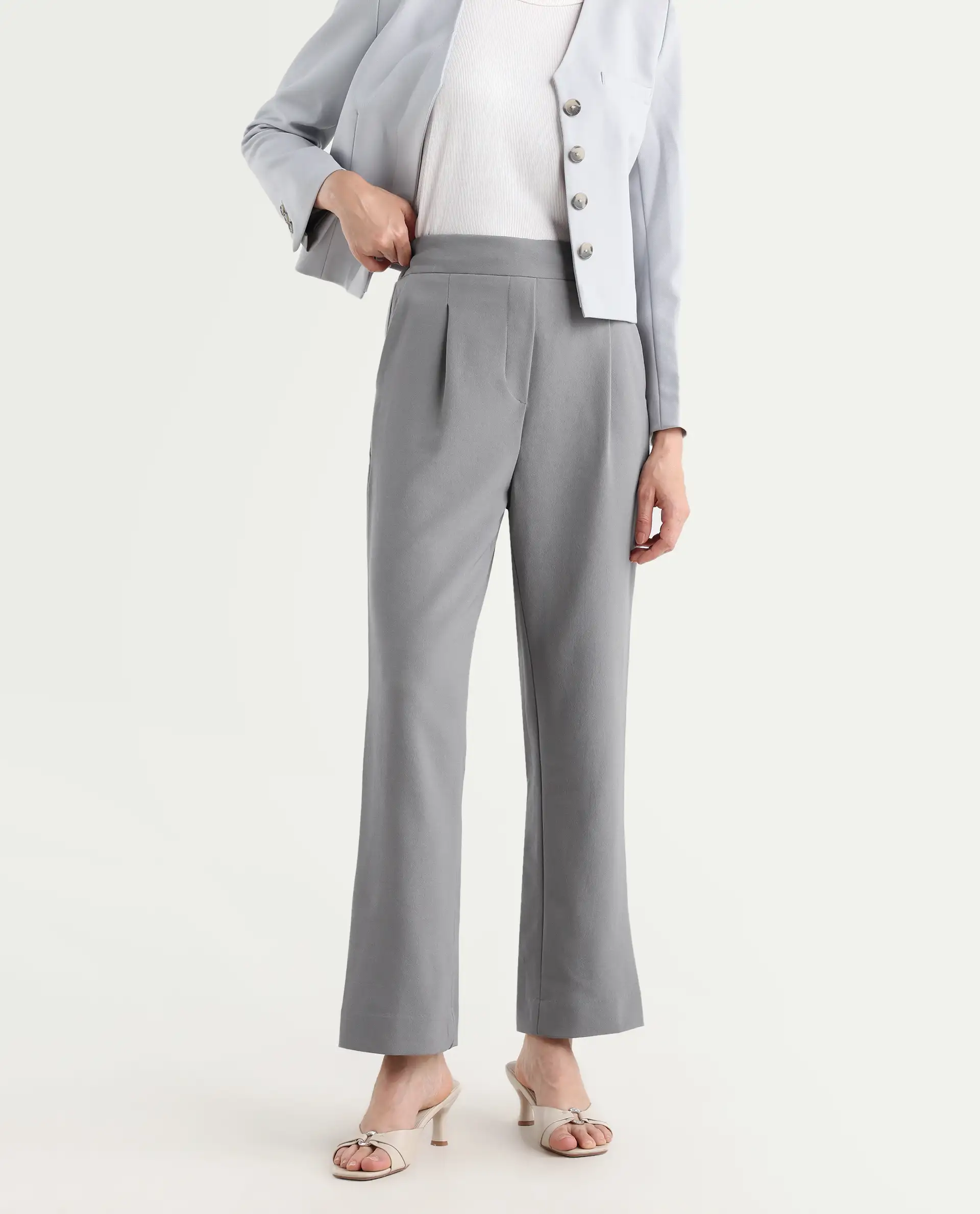 Rareism Women's Leezo Grey Polyester Blend Plain Ankle Length Straight Fit Trouser - Image 2