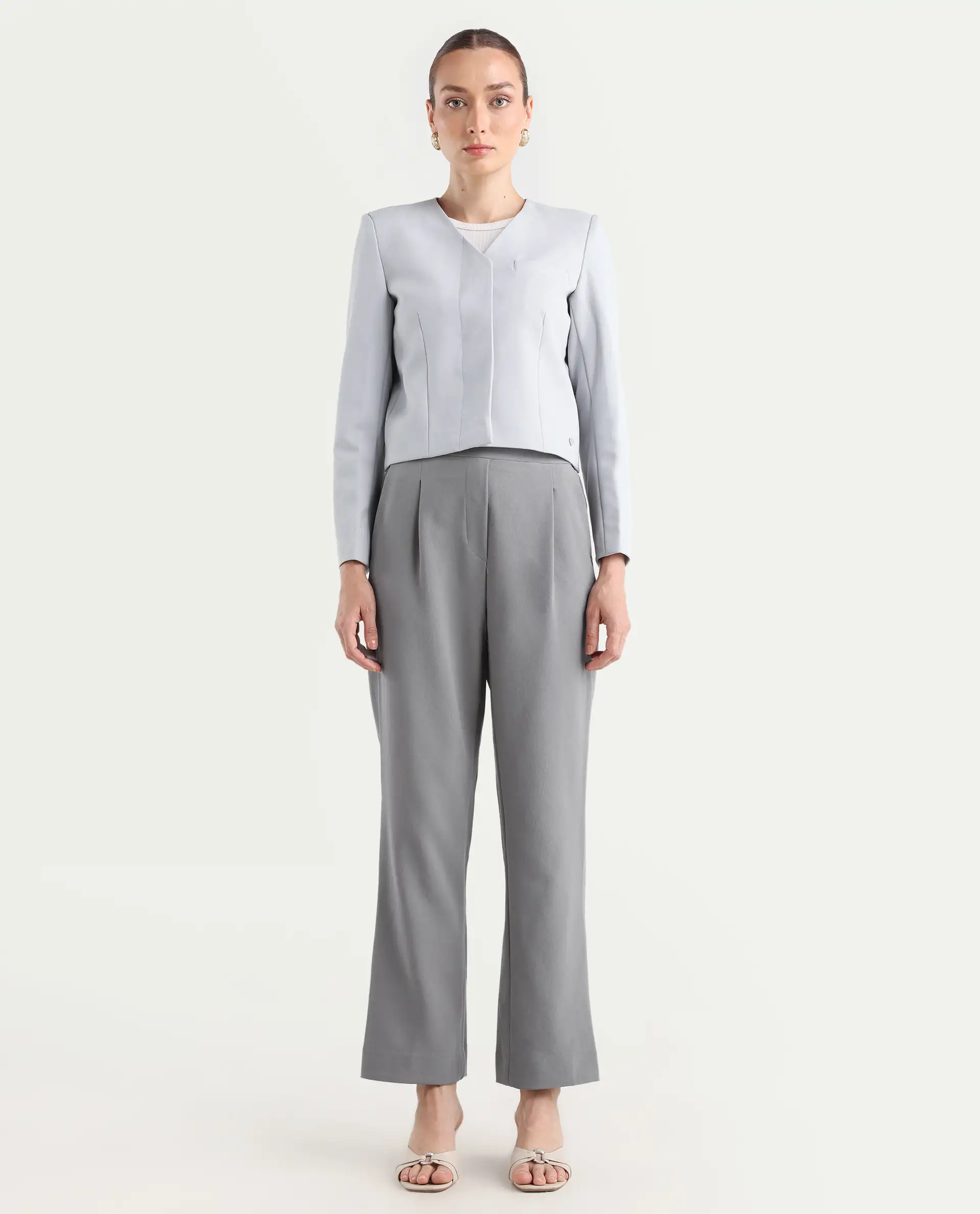 Rareism Women's Leezo Grey Polyester Blend Plain Ankle Length Straight Fit Trouser - Image 3