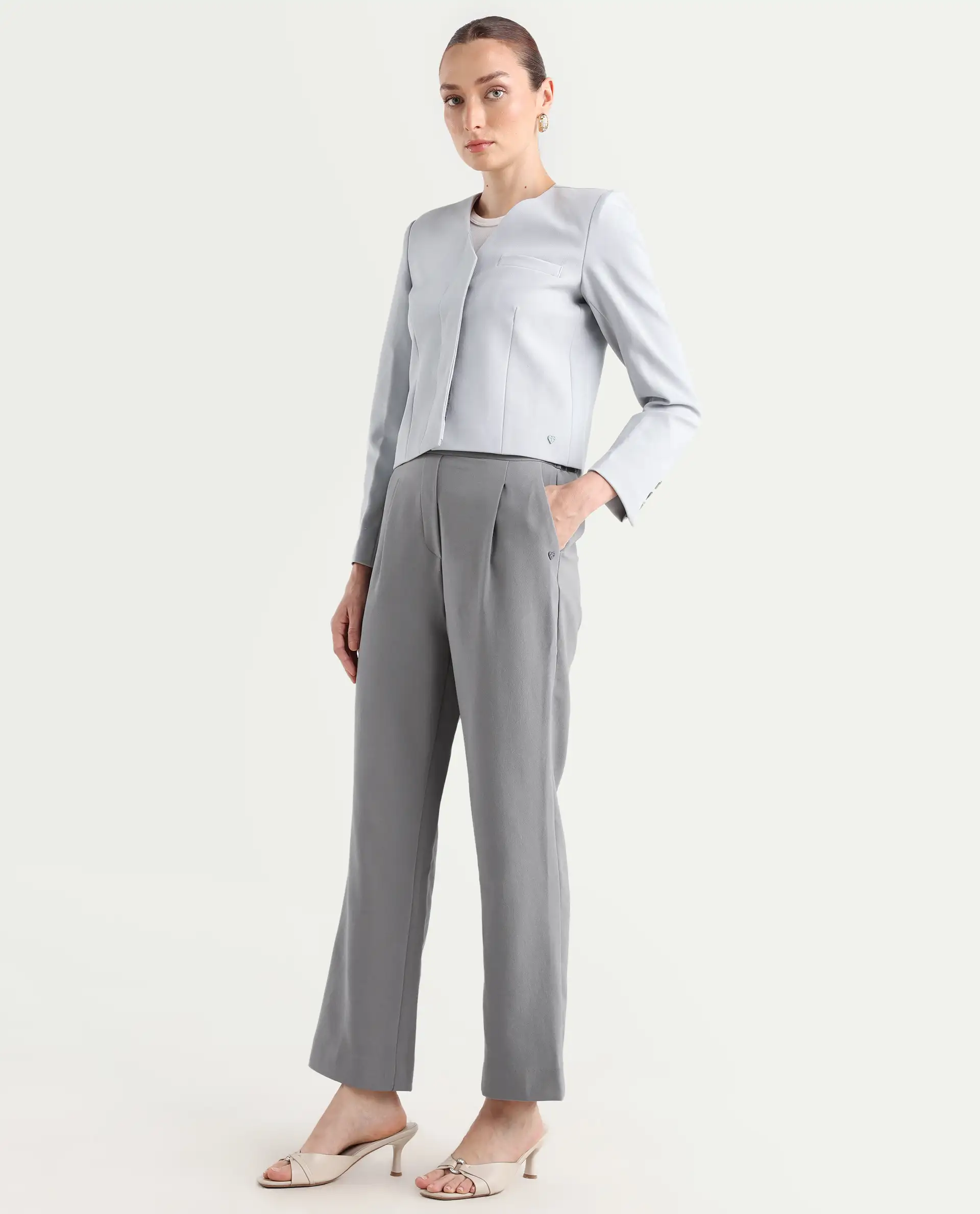 Rareism Women's Leezo Grey Polyester Blend Plain Ankle Length Straight Fit Trouser - Image 6