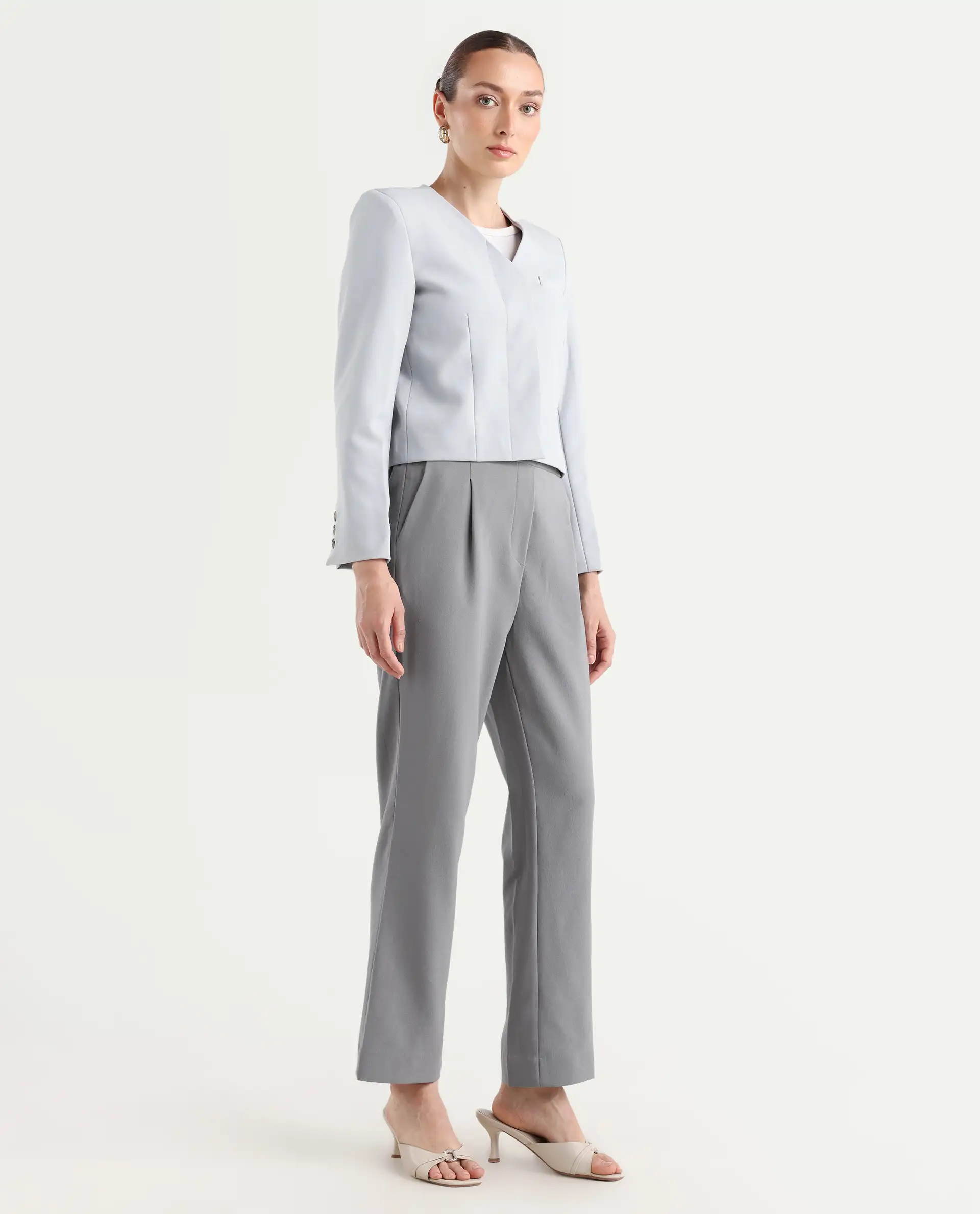 Rareism Women's Leezo Grey Polyester Blend Plain Ankle Length Straight Fit Trouser - Image 7