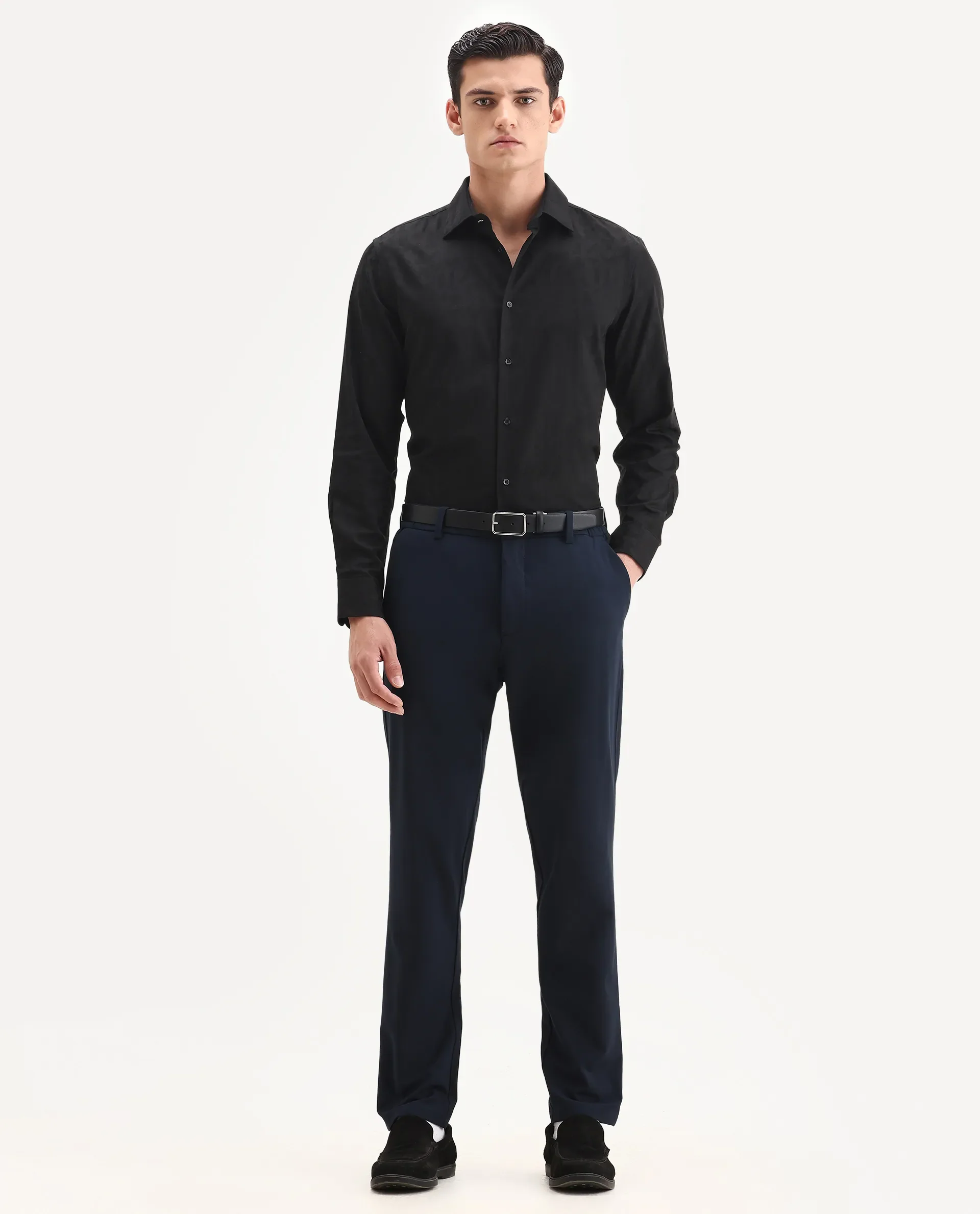 Rare Rabbit Men's Leffy-25 Black Cotton Spread Collar Regular Fit Jacquard Shirt - Image 2