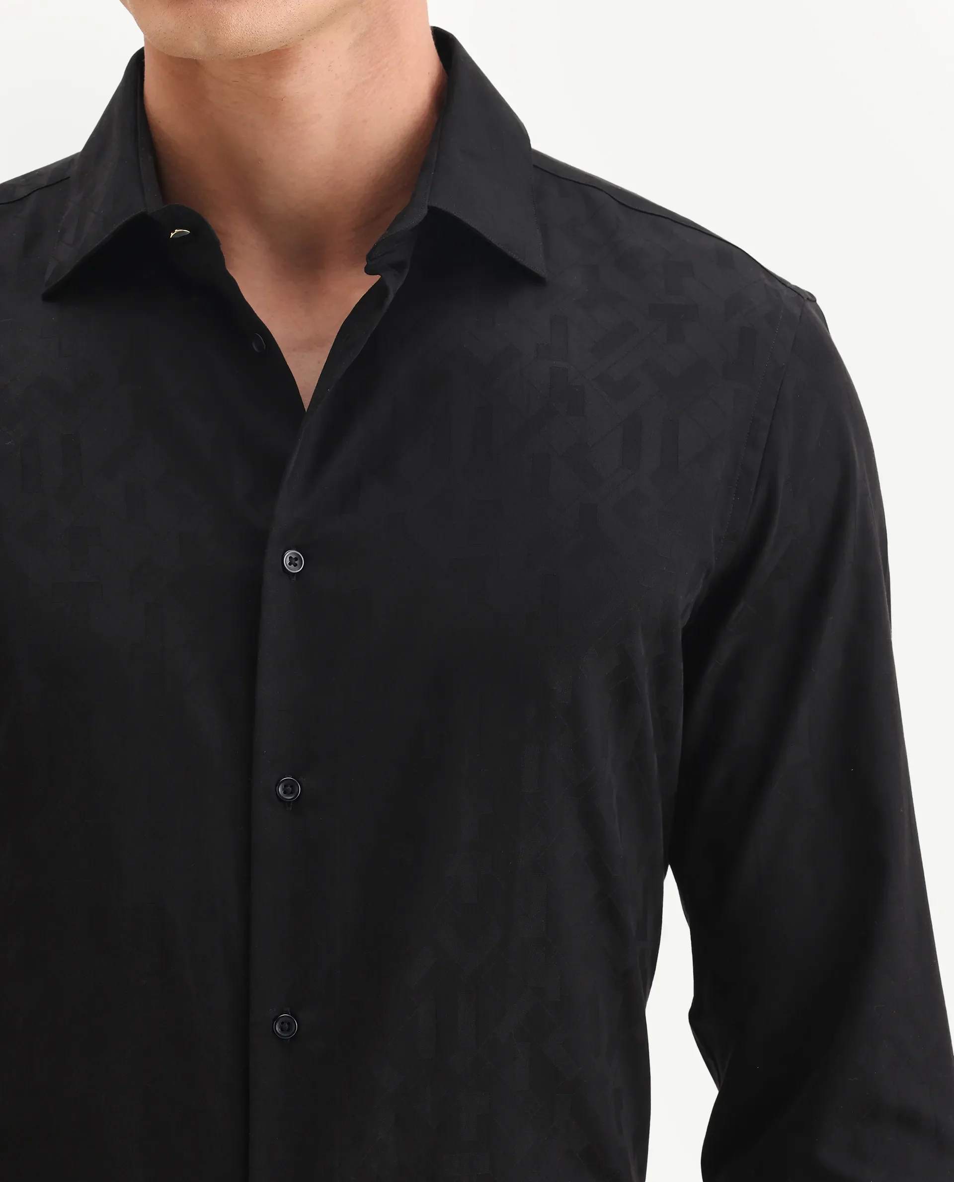 Rare Rabbit Men's Leffy-25 Black Cotton Spread Collar Regular Fit Jacquard Shirt - Image 3