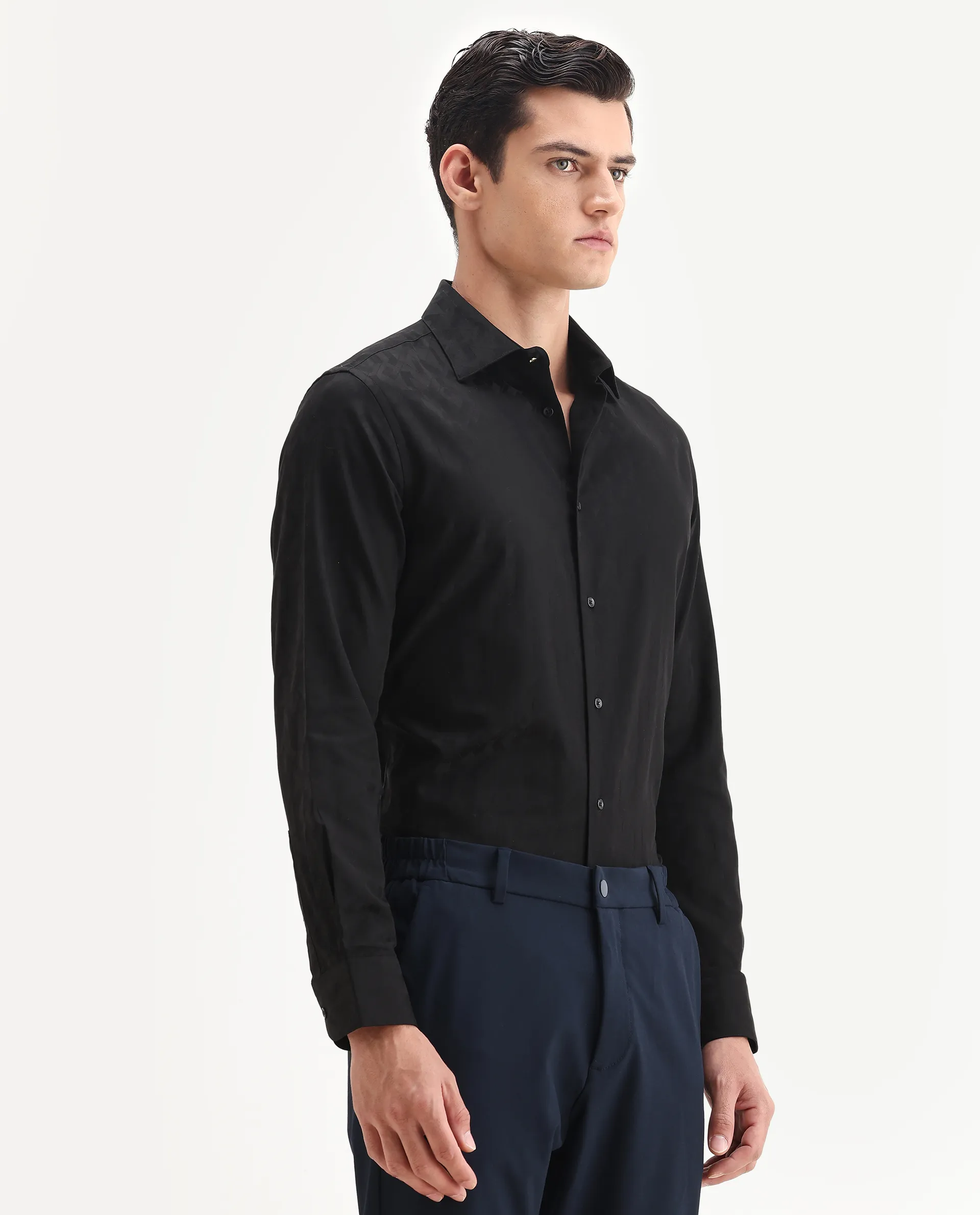 Rare Rabbit Men's Leffy-25 Black Cotton Spread Collar Regular Fit Jacquard Shirt - Image 4