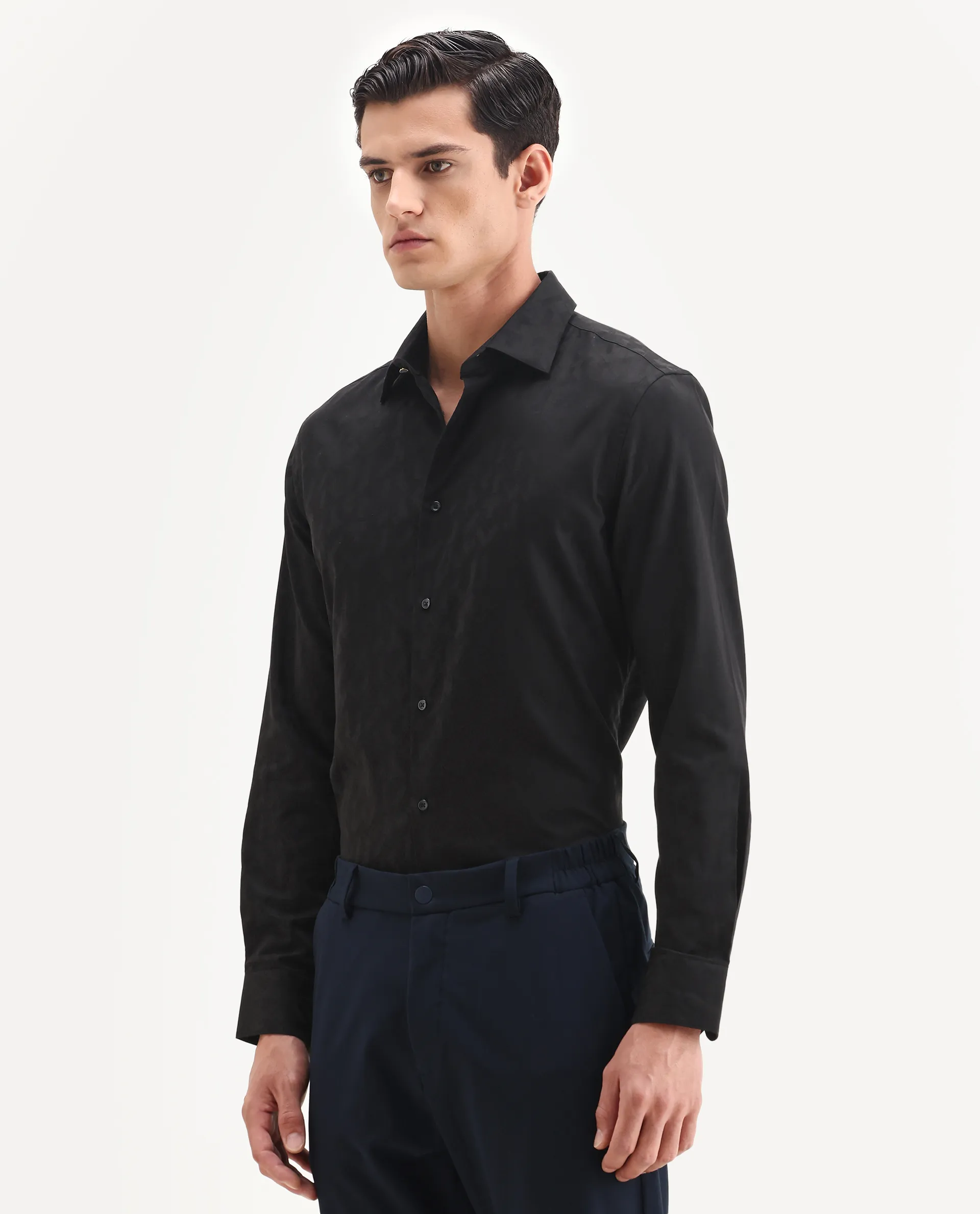 Rare Rabbit Men's Leffy-25 Black Cotton Spread Collar Regular Fit Jacquard Shirt - Image 5