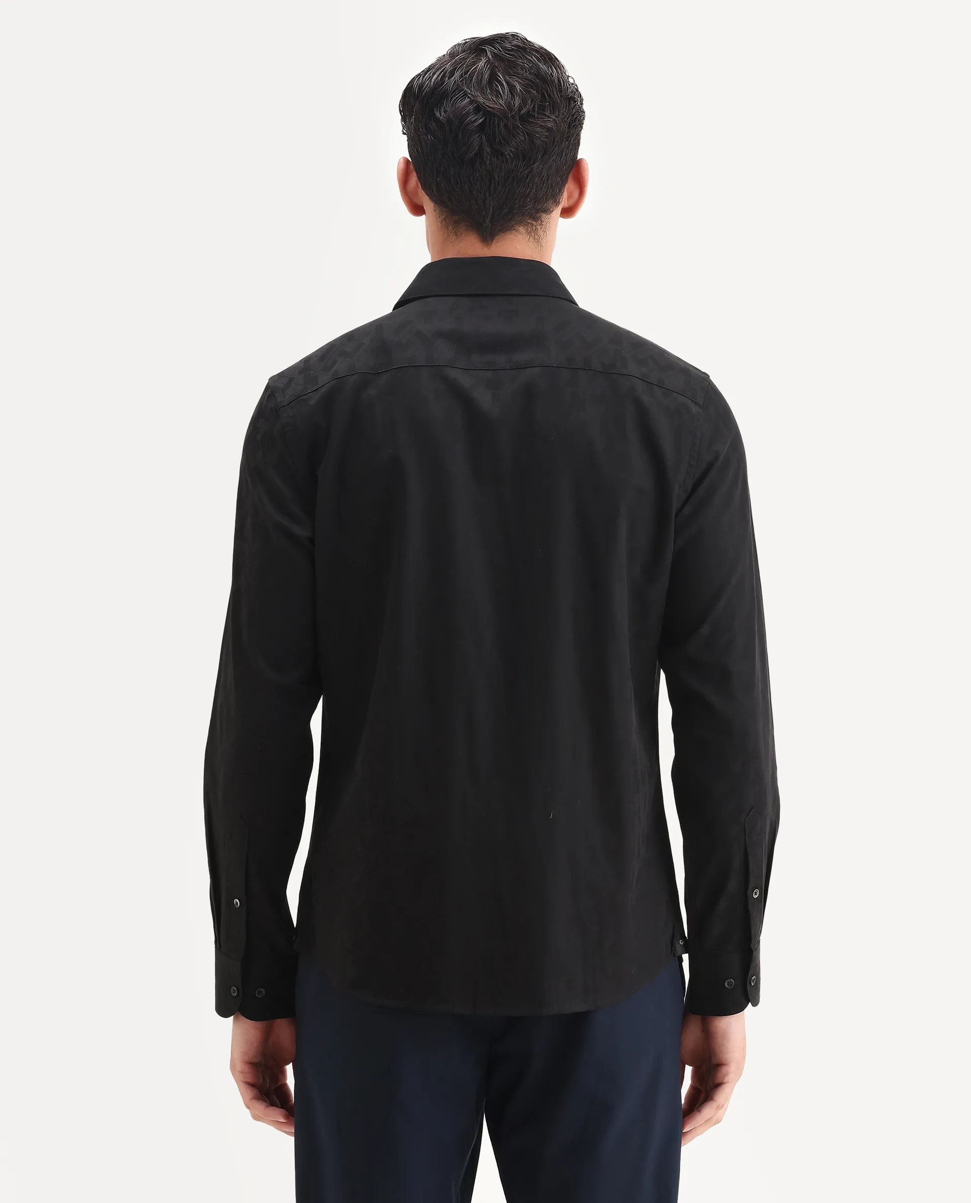 Rare Rabbit Men's Leffy-25 Black Cotton Spread Collar Regular Fit Jacquard Shirt - Image 6