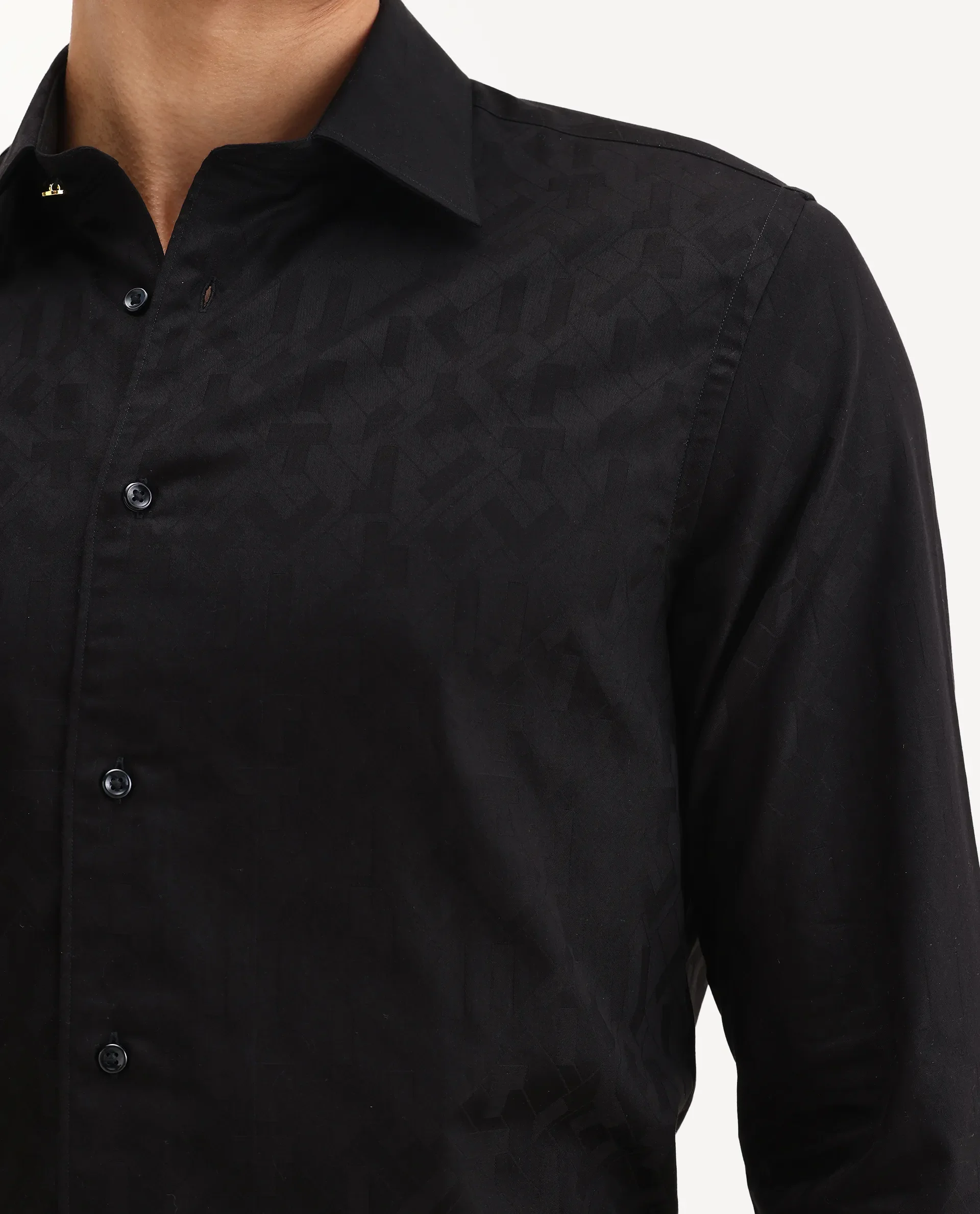 Rare Rabbit Men's Leffy Black Cotton Jacquard Regular Fit Full Sleeve Collared Shirt - Image 3