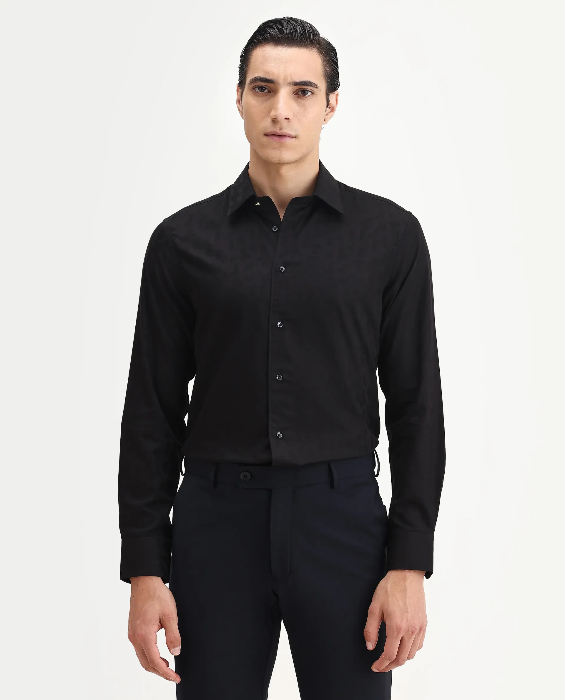 Rare Rabbit Men's Leffy Black Cotton Jacquard Regular Fit Full Sleeve Collared Shirt - Image 4