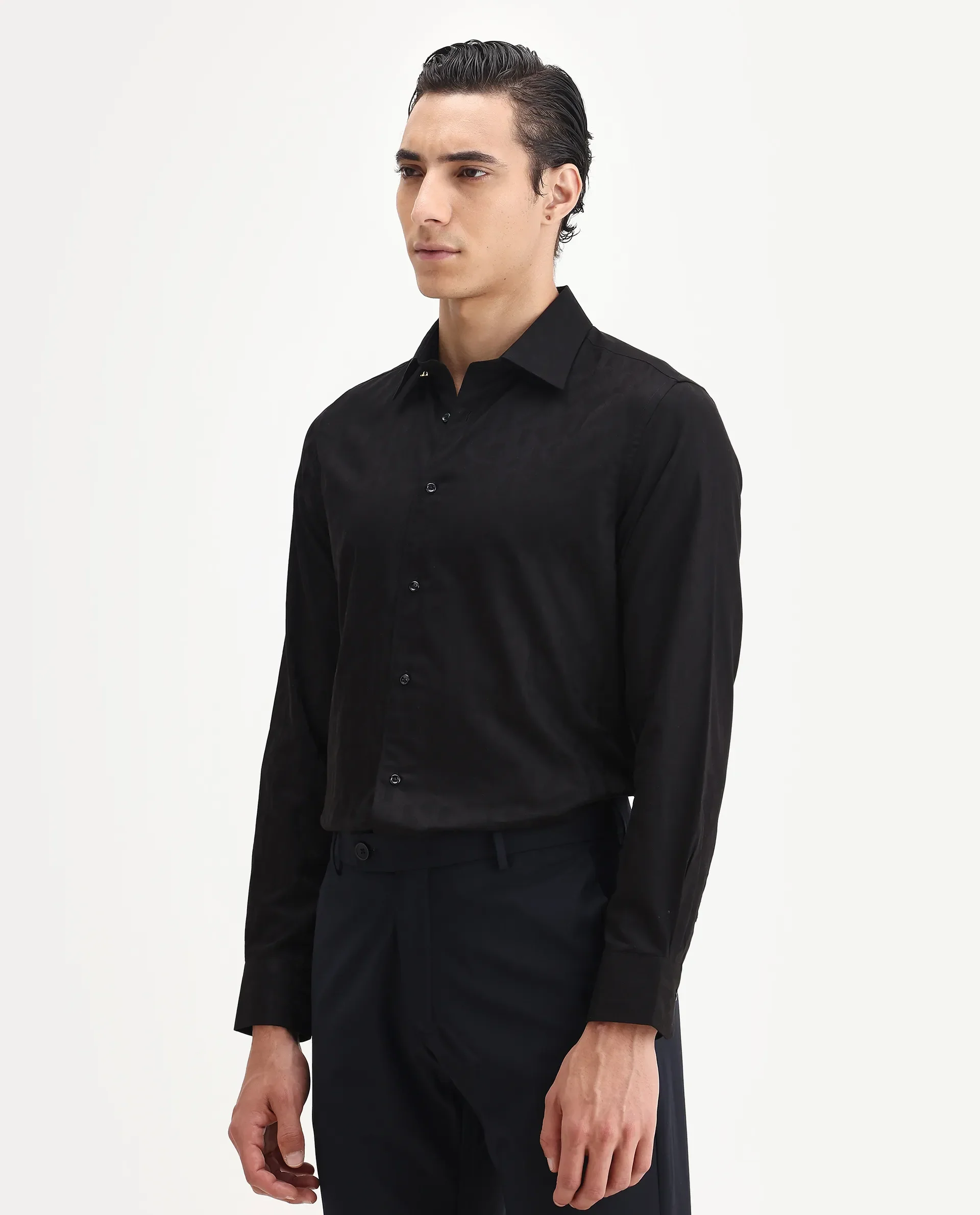 Rare Rabbit Men's Leffy Black Cotton Jacquard Regular Fit Full Sleeve Collared Shirt - Image 5