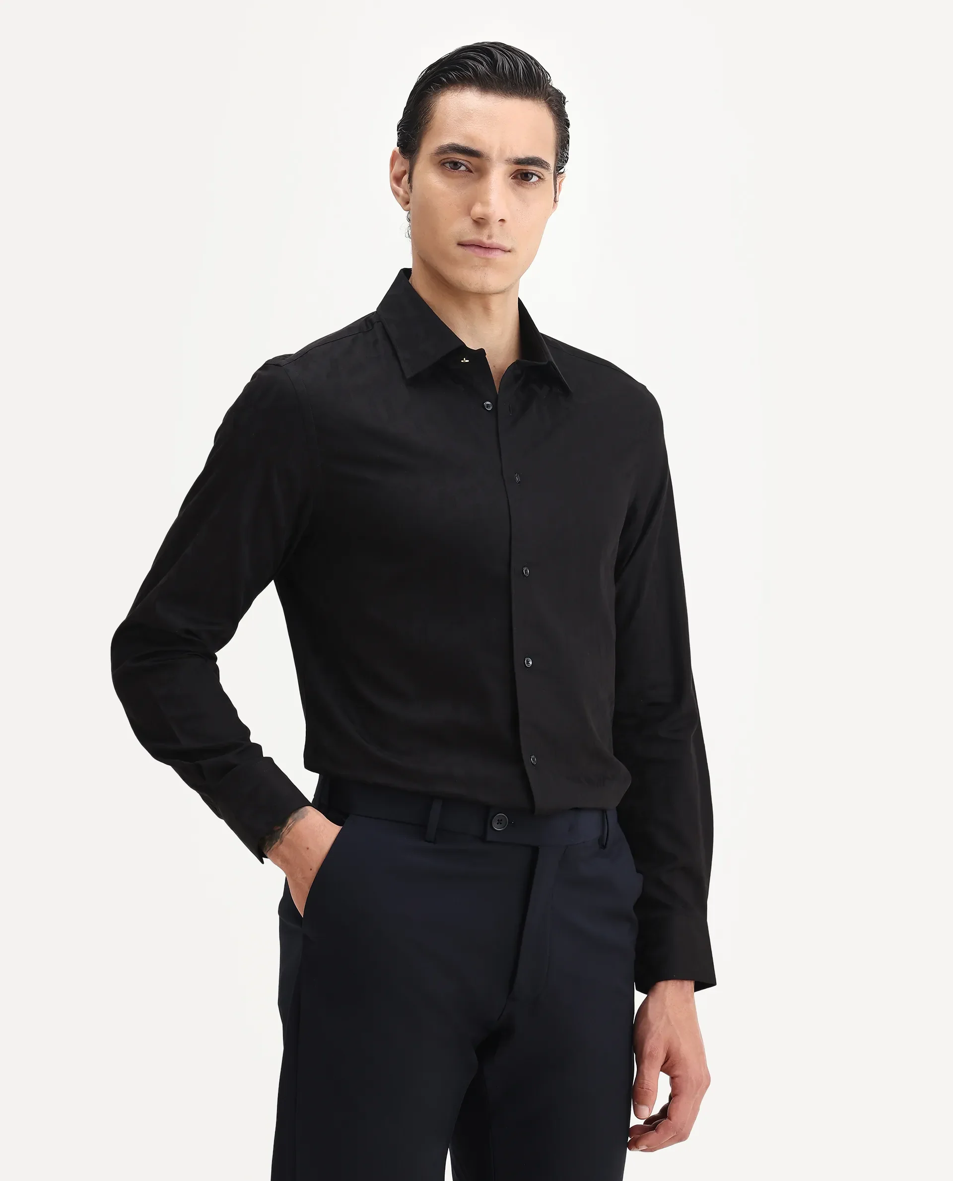 Rare Rabbit Men's Leffy Black Cotton Jacquard Regular Fit Full Sleeve Collared Shirt - Image 6