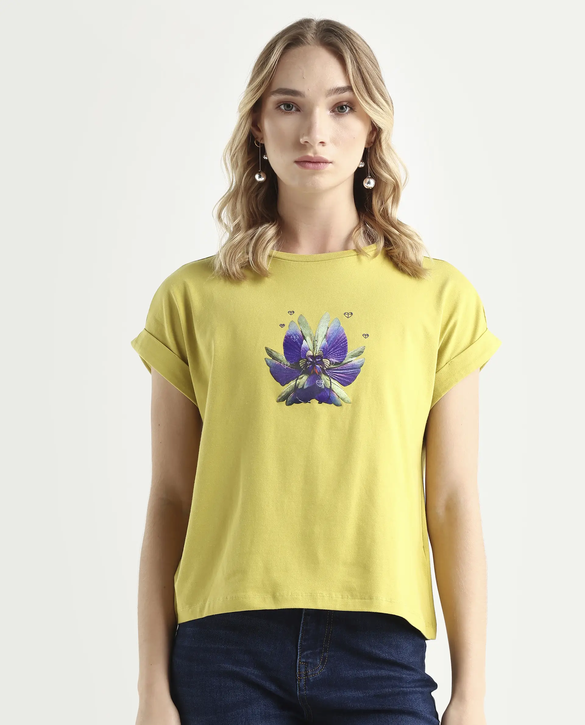 Rareism Women's Lefo Flouroscent Green Cotton Blend Crew Neck Graphic Print Extended Sleeves Relaxed Fit T-Shirt - Image 3