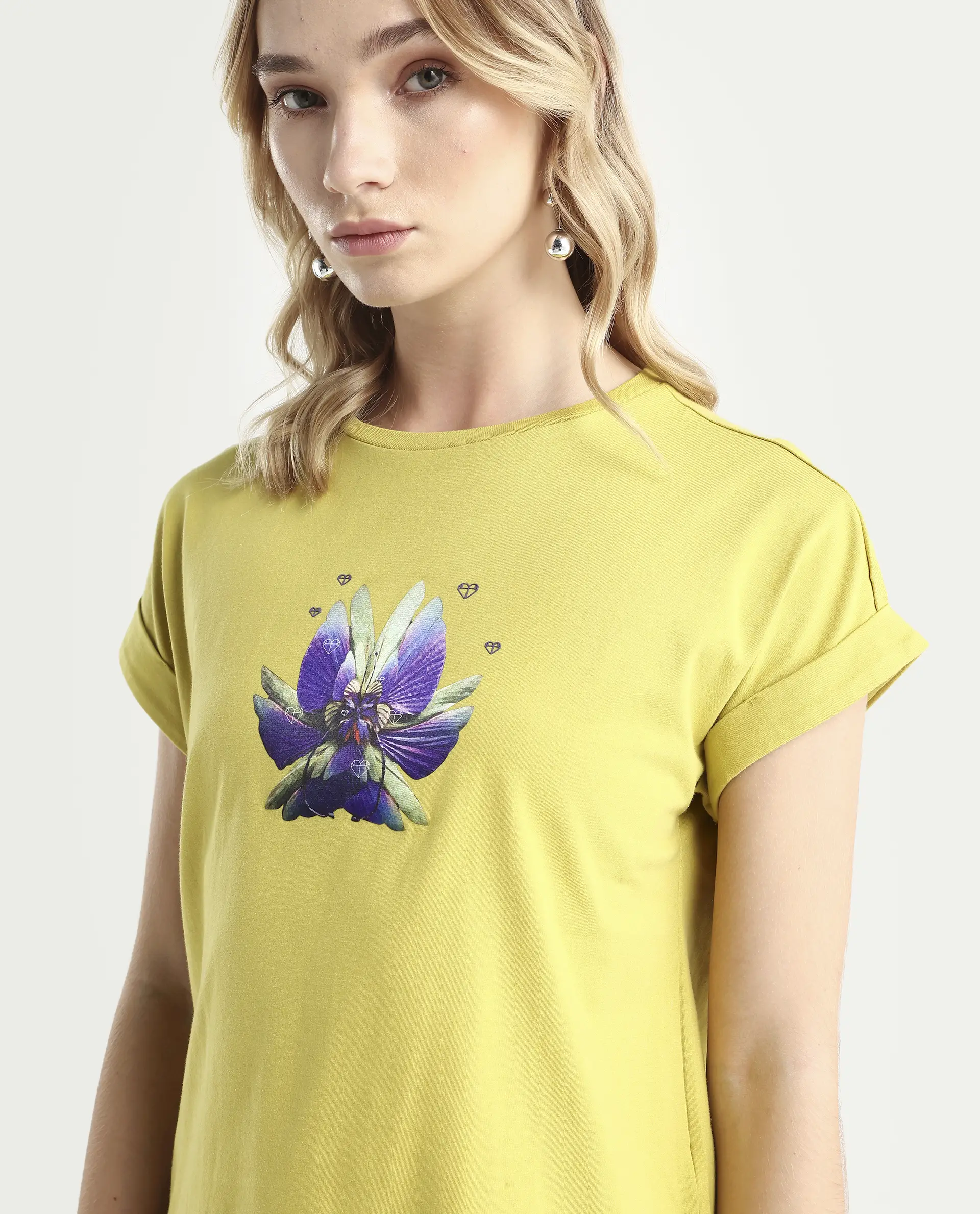 Rareism Women's Lefo Flouroscent Green Cotton Blend Crew Neck Graphic Print Extended Sleeves Relaxed Fit T-Shirt - Image 4