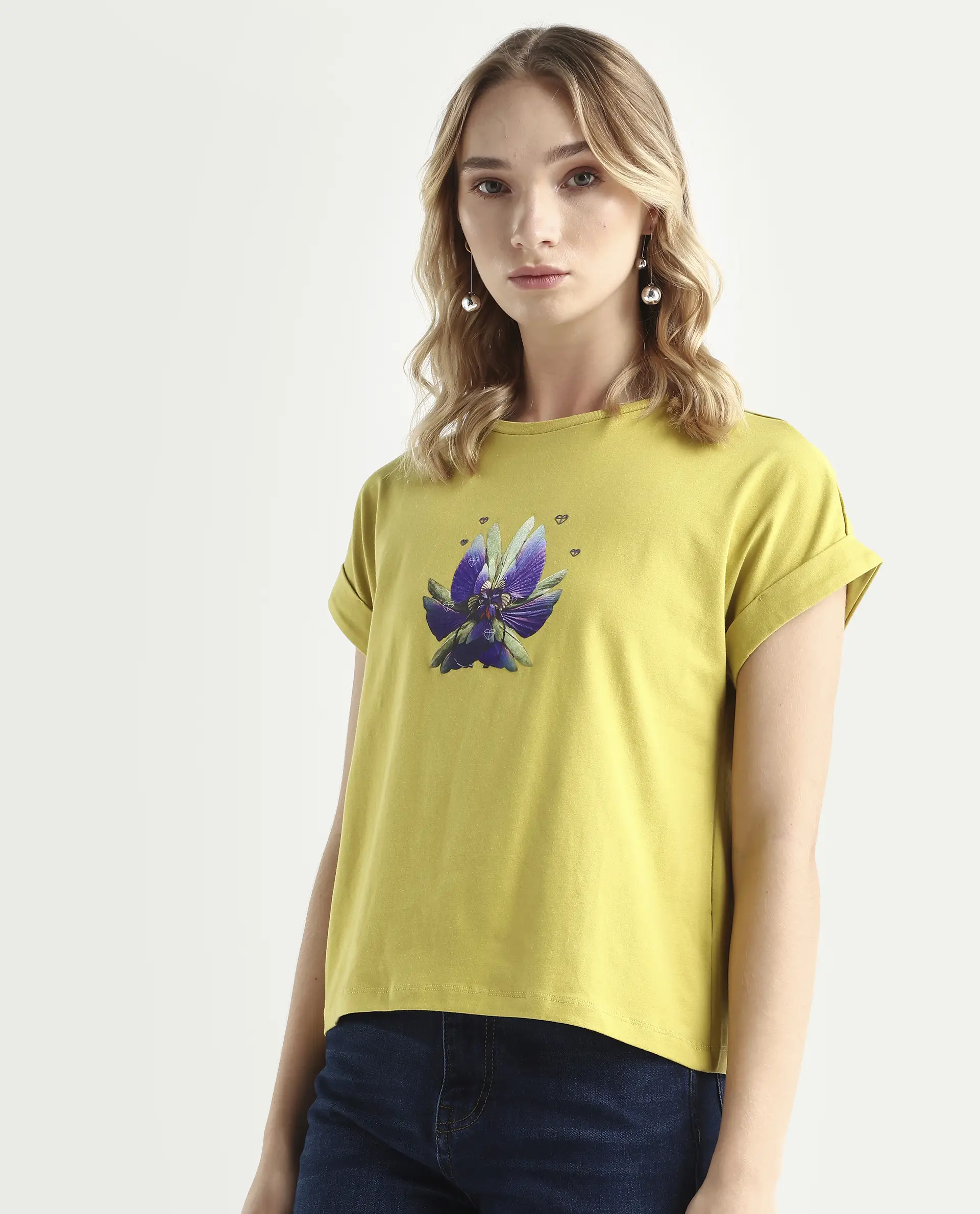 Rareism Women's Lefo Flouroscent Green Cotton Blend Crew Neck Graphic Print Extended Sleeves Relaxed Fit T-Shirt - Image 5