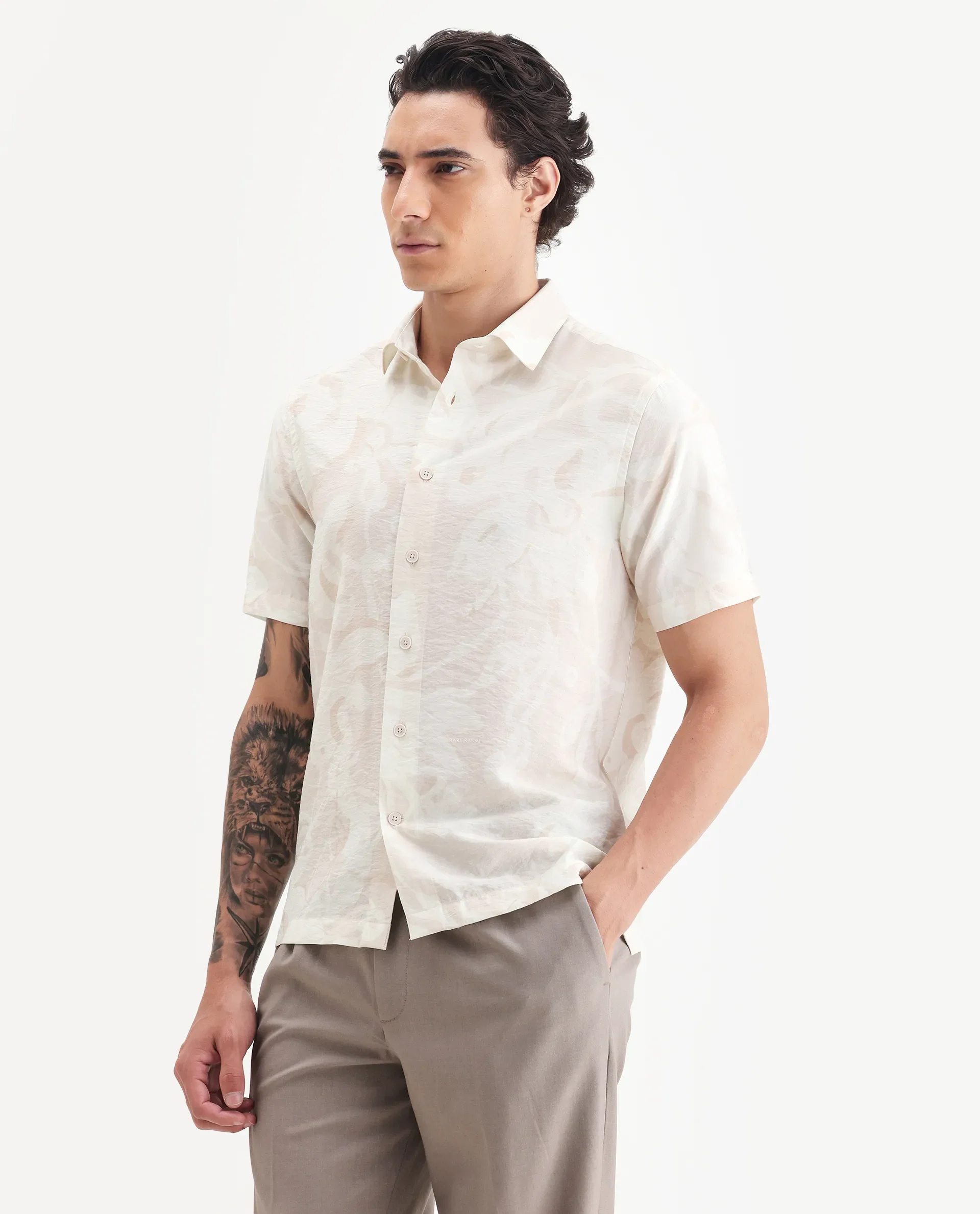 Rare Rabbit Men's Lego Off White Viscose Abstract Print Boxy Fit Half Sleeve Collared Shirt - Image 4