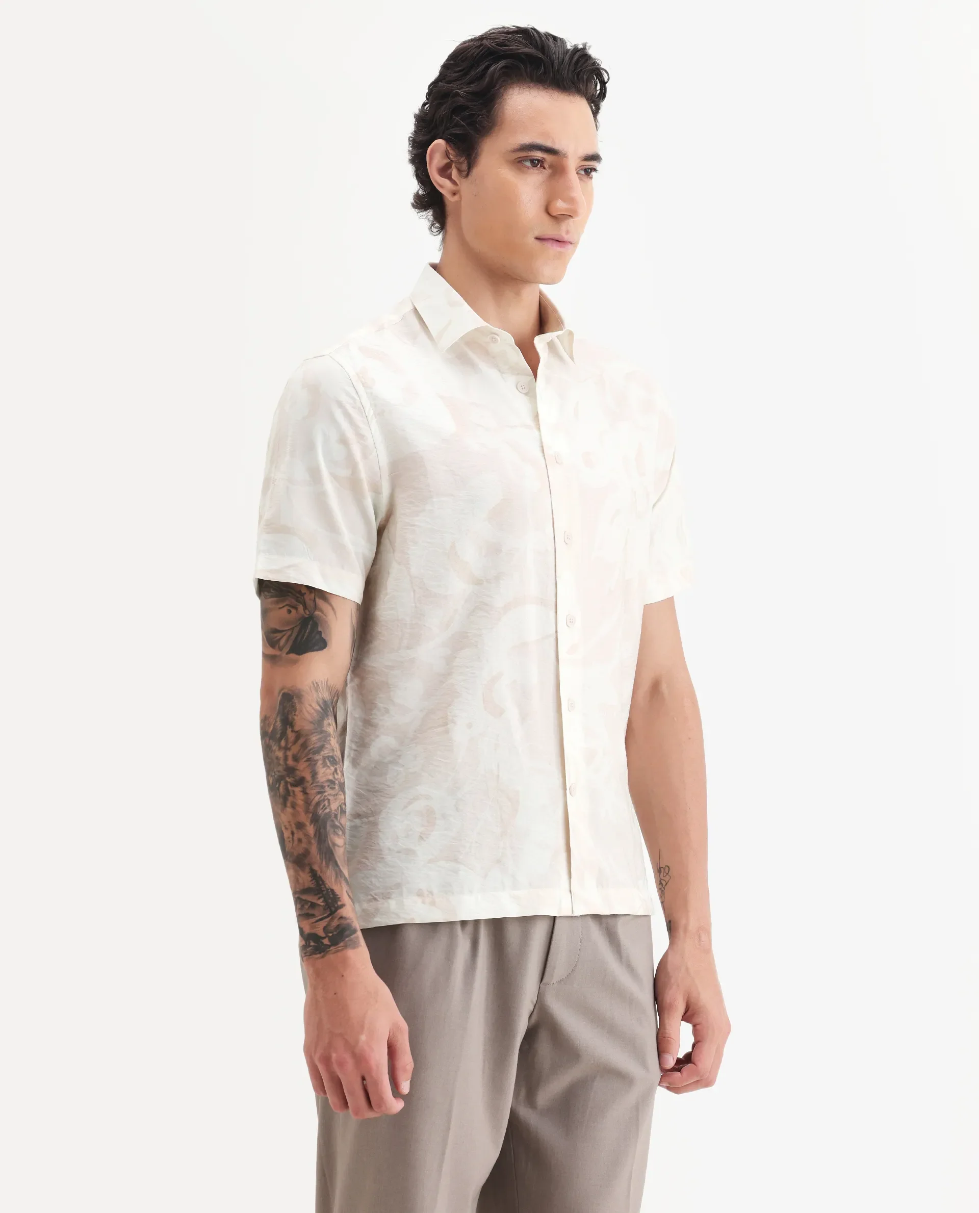 Rare Rabbit Men's Lego Off White Viscose Abstract Print Boxy Fit Half Sleeve Collared Shirt - Image 5