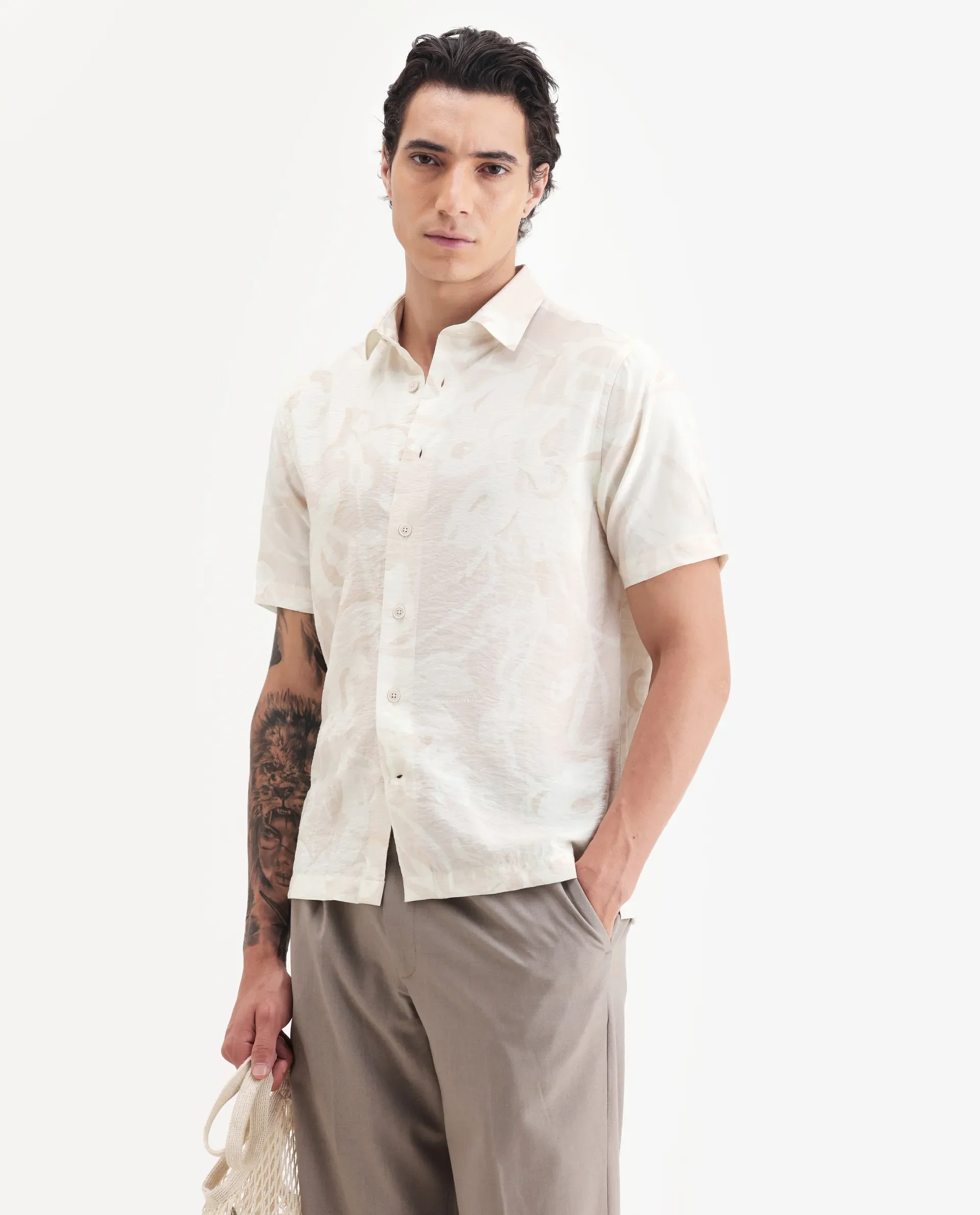 Rare Rabbit Men's Lego Off White Viscose Abstract Print Boxy Fit Half Sleeve Collared Shirt - Image 6