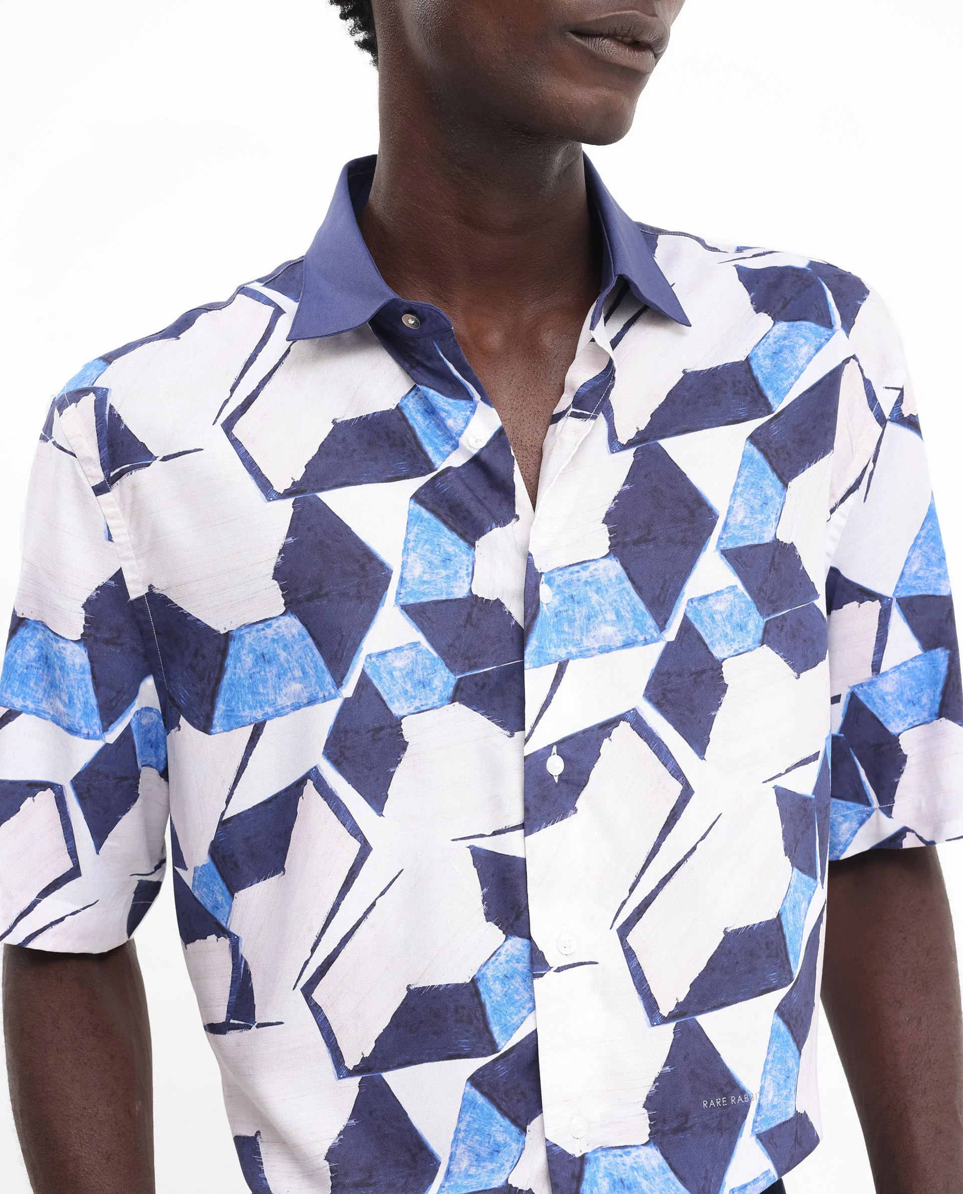 Rare Rabbit Men's Lego Off White Viscose Abstract Print Boxy Fit Half Sleeve Collared Shirt - Image 3
