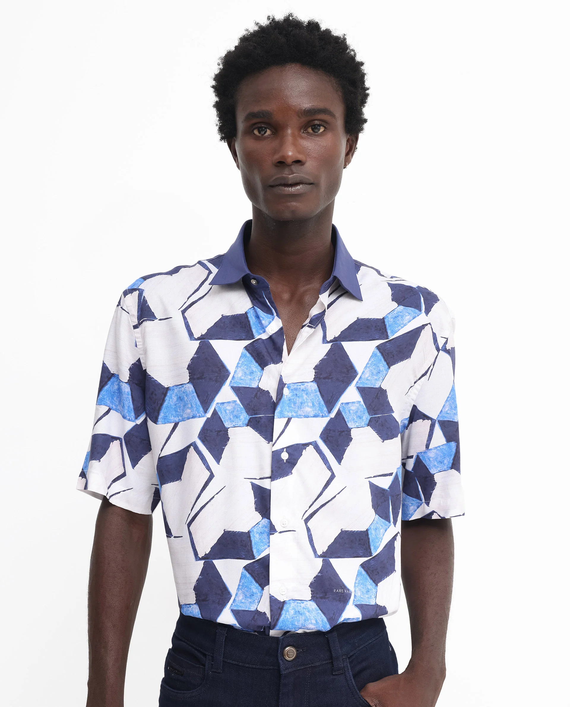 Rare Rabbit Men's Lego Off White Viscose Abstract Print Boxy Fit Half Sleeve Collared Shirt - Image 4