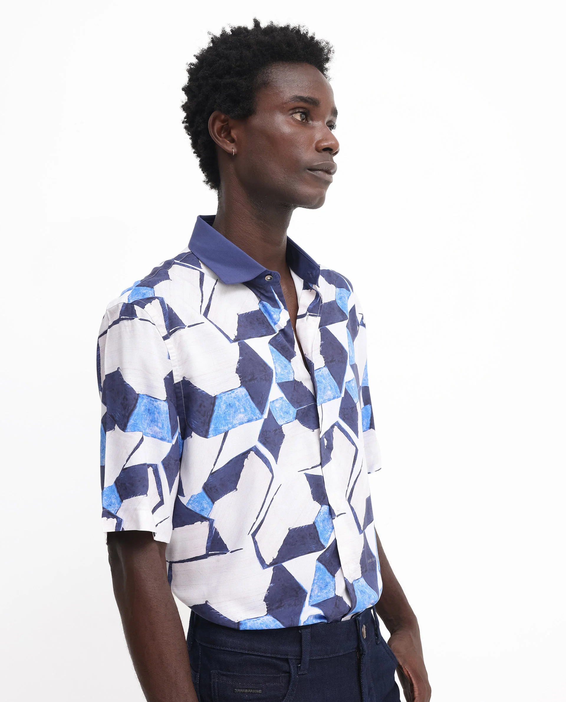 Rare Rabbit Men's Lego Off White Viscose Abstract Print Boxy Fit Half Sleeve Collared Shirt - Image 6