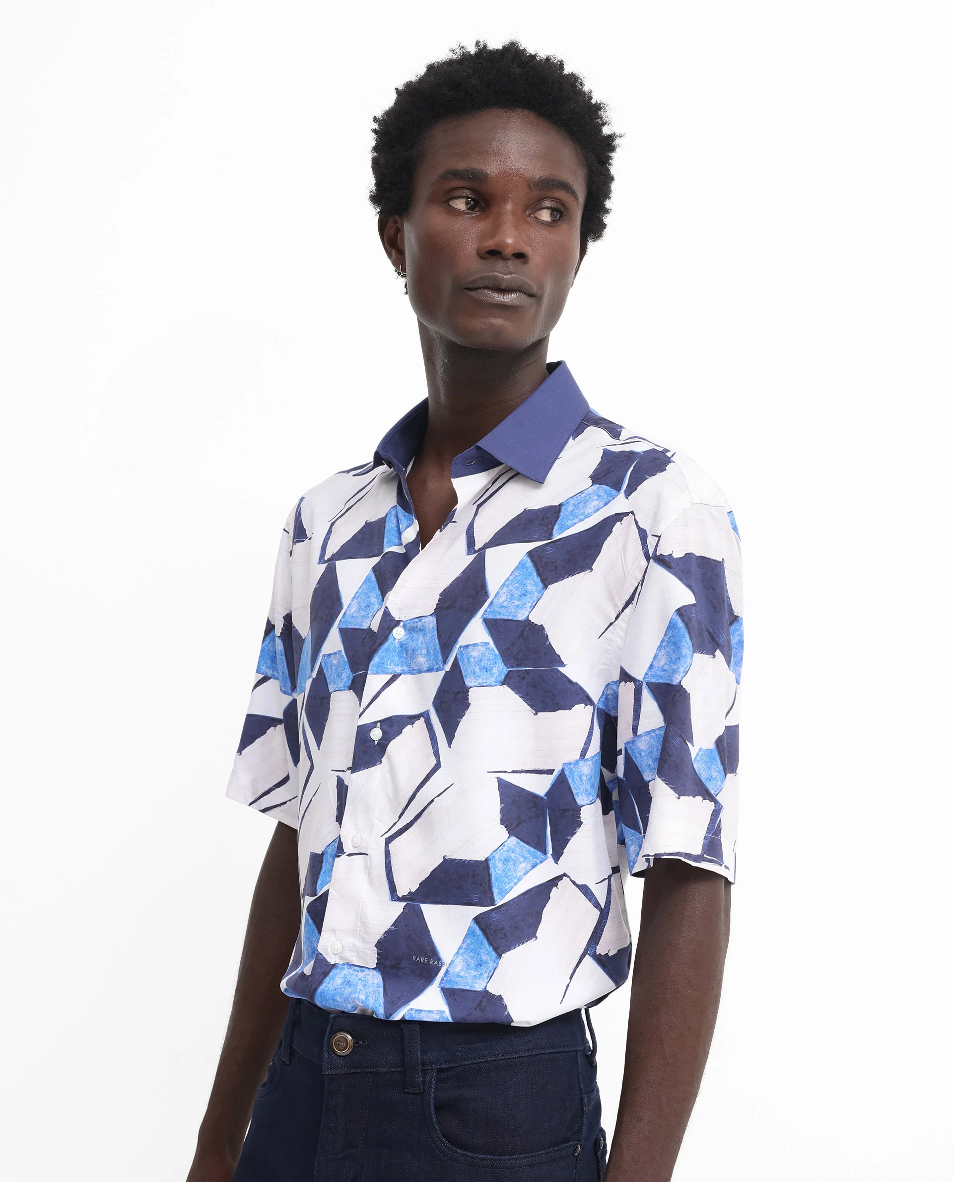 Rare Rabbit Men's Lego Off White Viscose Abstract Print Boxy Fit Half Sleeve Collared Shirt - Image 7