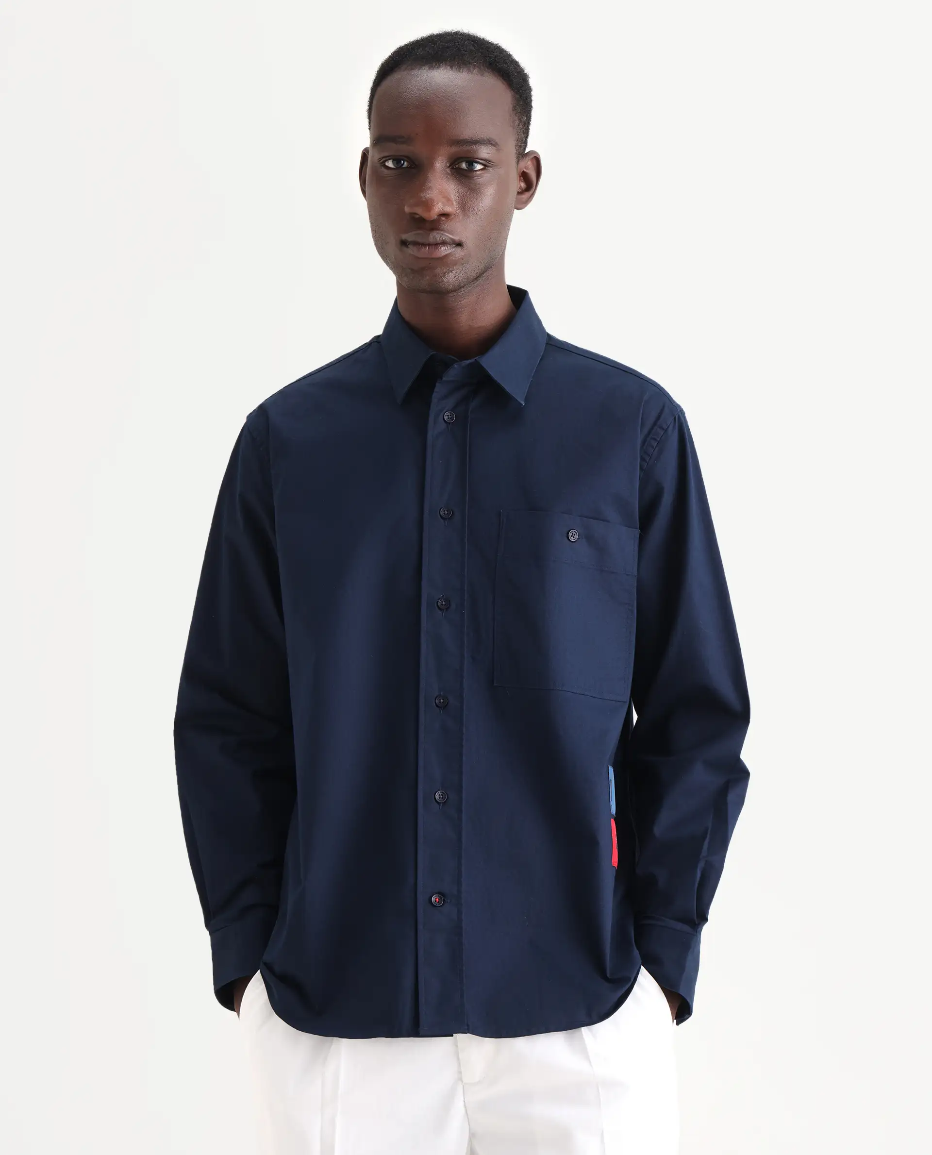 Rare Rabbit Men's Leif Navy Cotton Label Print Regular Fit Full Sleeve Collared Shirt - Image 4