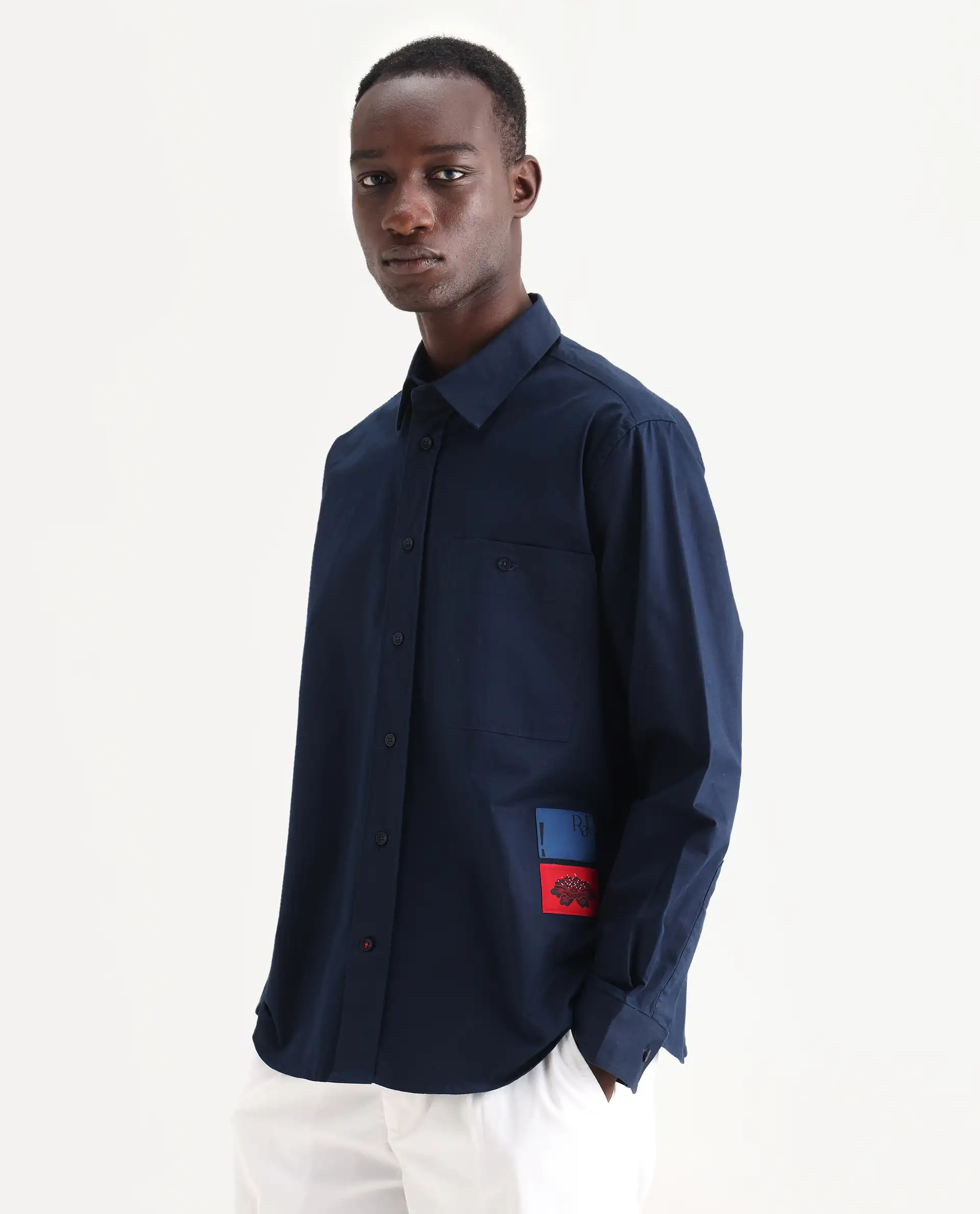 Rare Rabbit Men's Leif Navy Cotton Label Print Regular Fit Full Sleeve Collared Shirt - Image 5