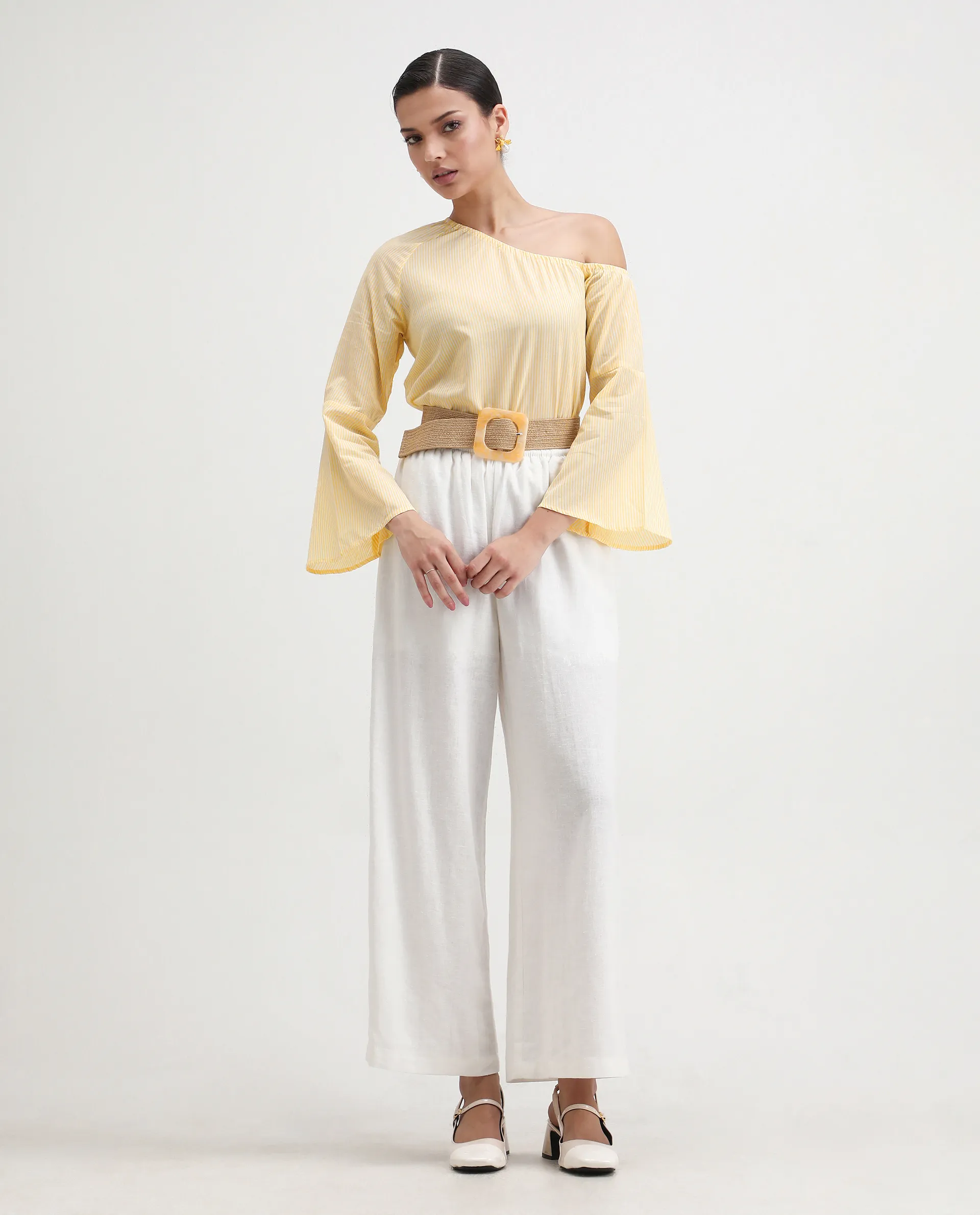 Rareism Women's Leighton Pastel Yellow Cotton One Shoulder Striped Raglan Sleeve Regular Fit Top - Image 2