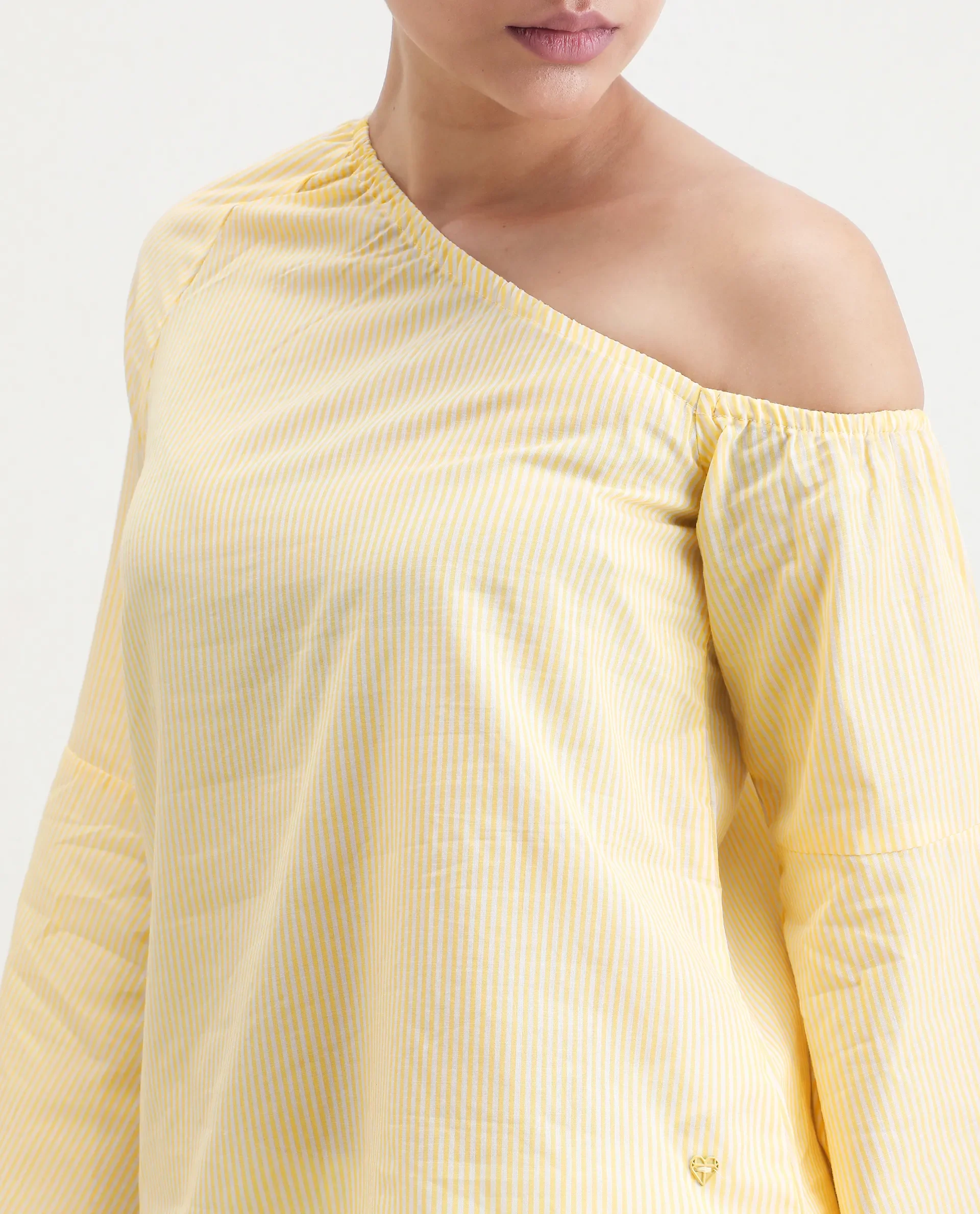 Rareism Women's Leighton Pastel Yellow Cotton One Shoulder Striped Raglan Sleeve Regular Fit Top - Image 3