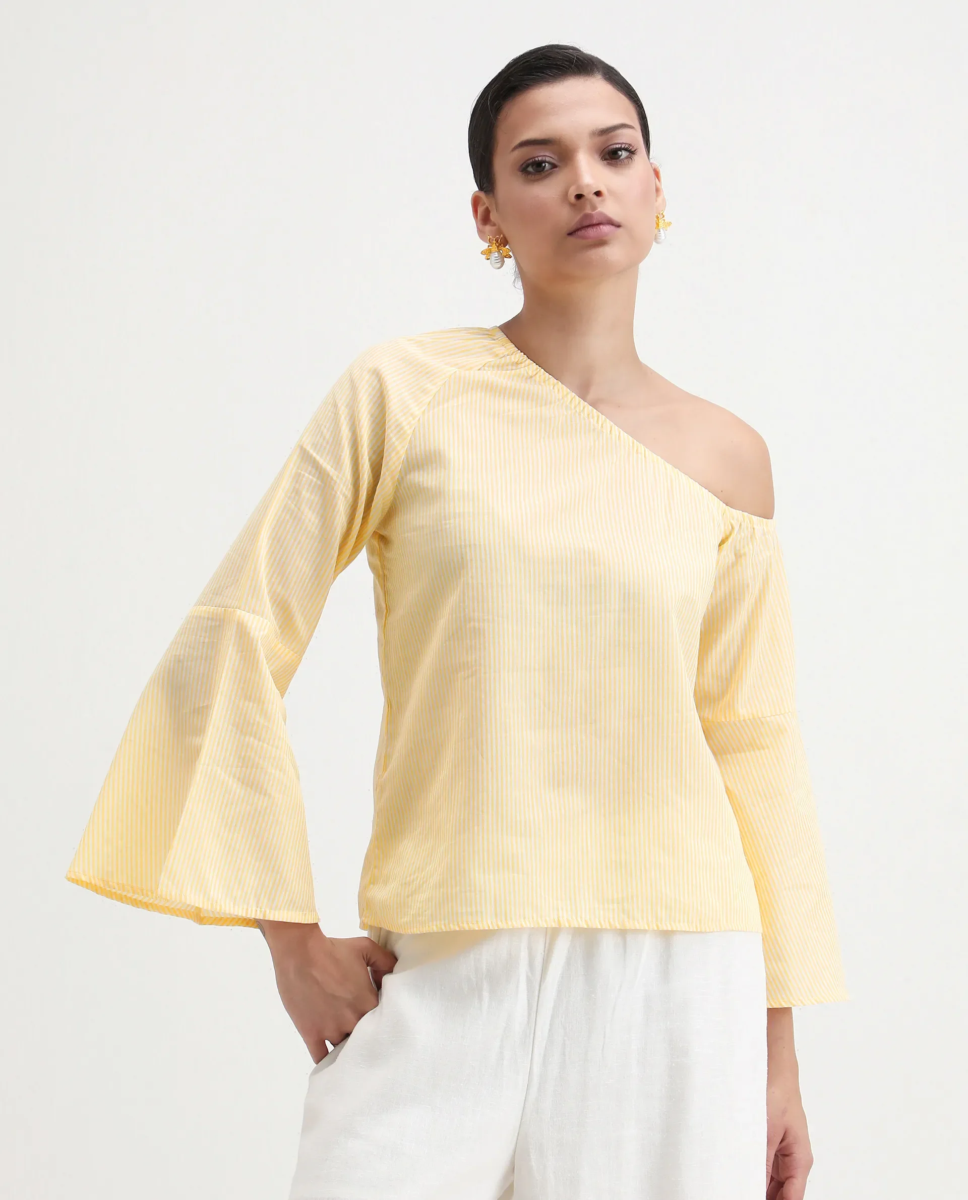 Rareism Women's Leighton Pastel Yellow Cotton One Shoulder Striped Raglan Sleeve Regular Fit Top - Image 4