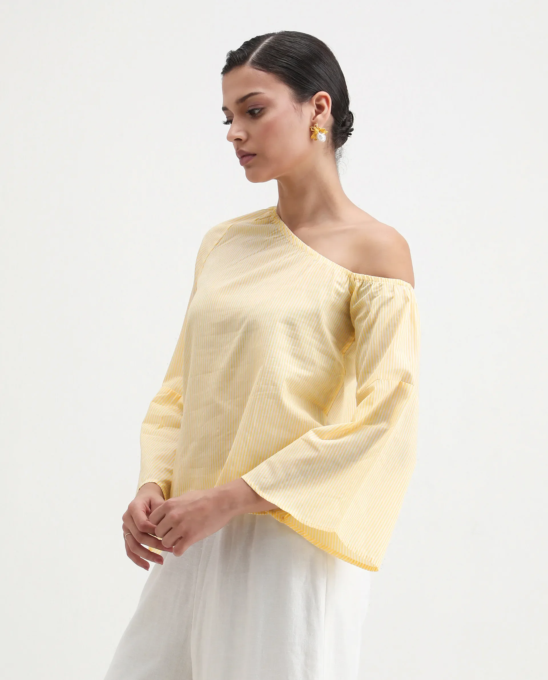 Rareism Women's Leighton Pastel Yellow Cotton One Shoulder Striped Raglan Sleeve Regular Fit Top - Image 5