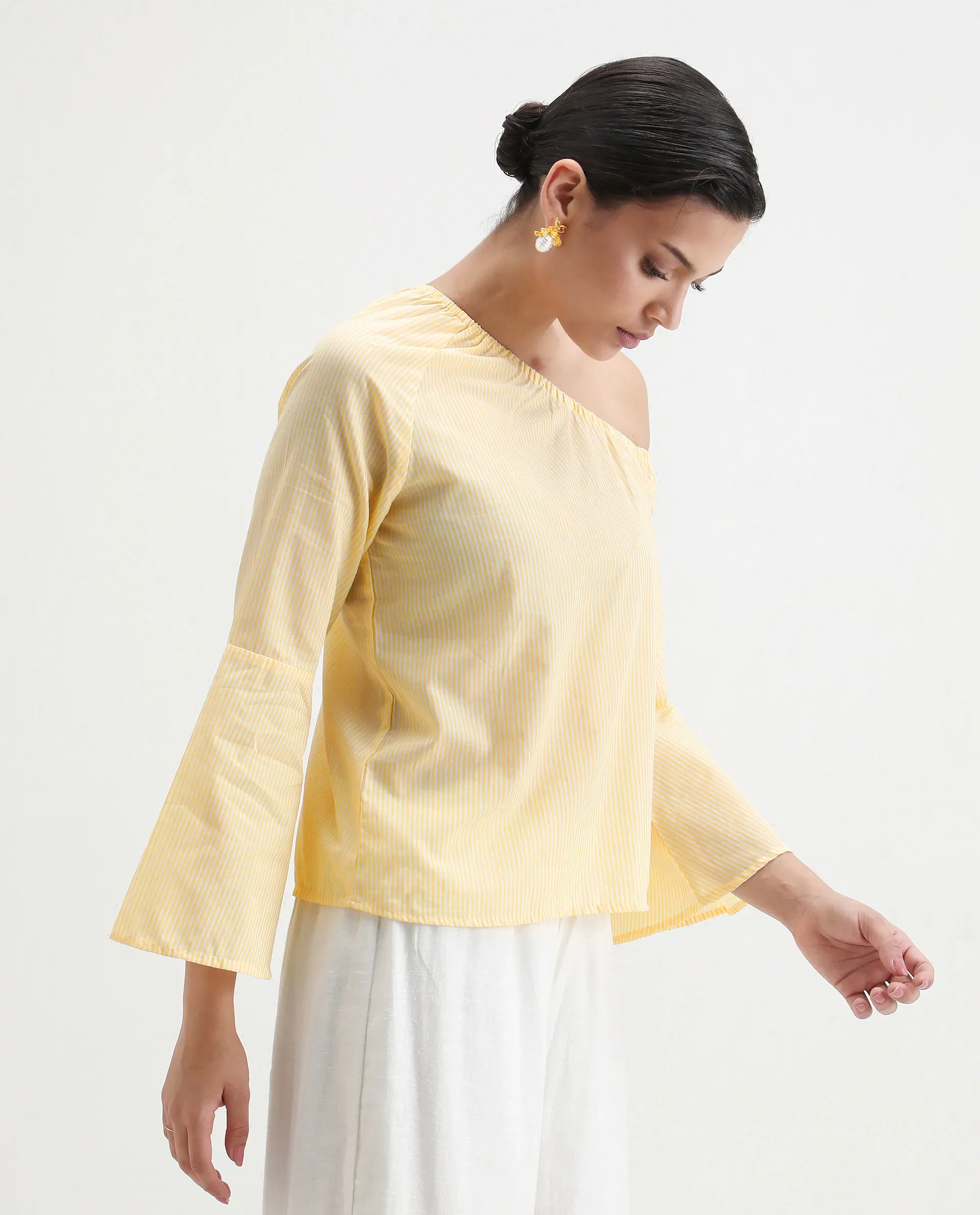Rareism Women's Leighton Pastel Yellow Cotton One Shoulder Striped Raglan Sleeve Regular Fit Top - Image 6