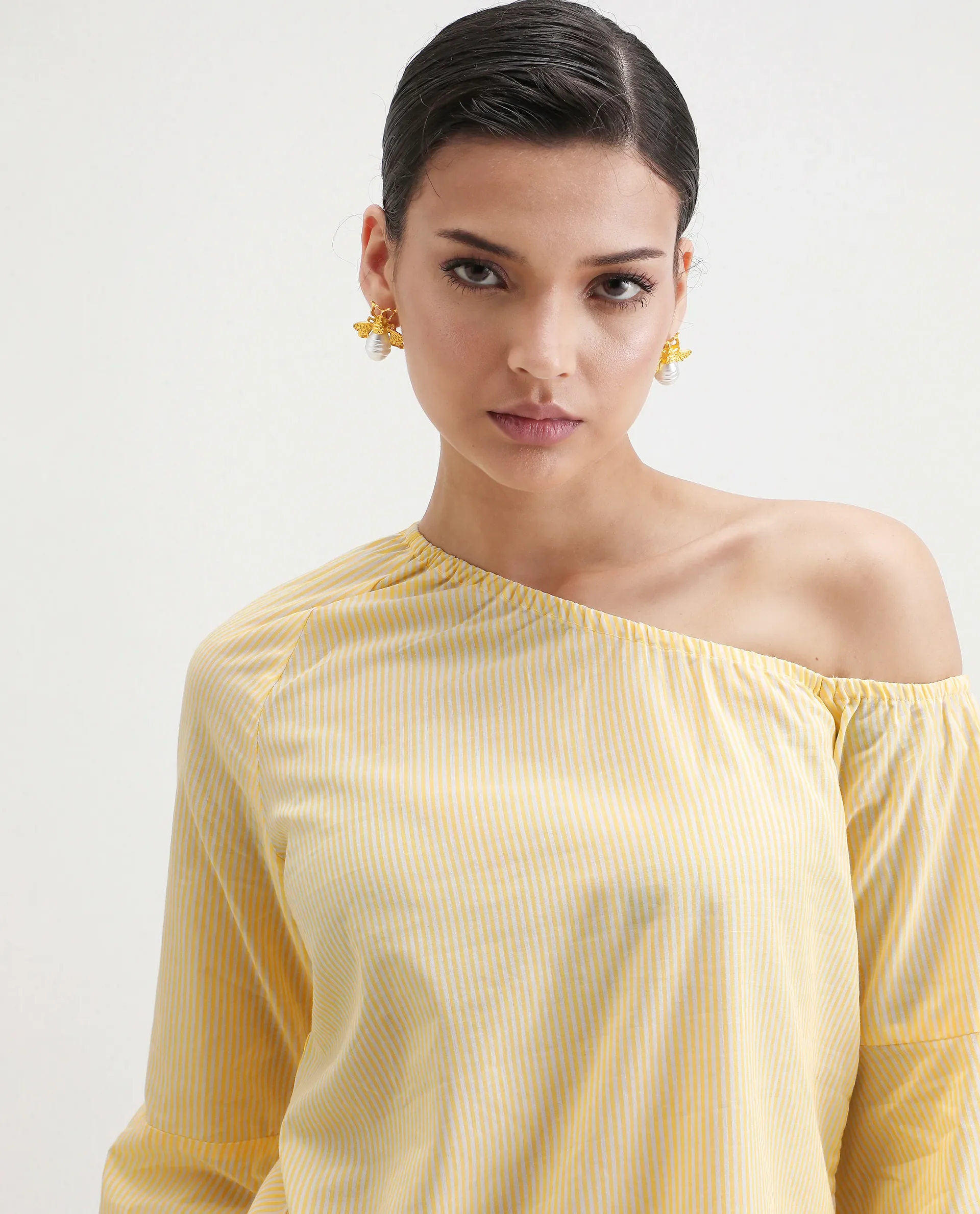 Rareism Women's Leighton Pastel Yellow Cotton One Shoulder Striped Raglan Sleeve Regular Fit Top - Image 7