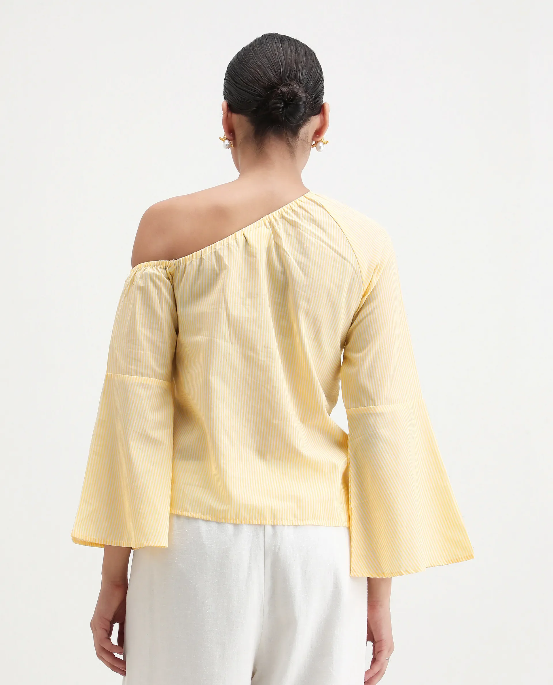 Rareism Women's Leighton Pastel Yellow Cotton One Shoulder Striped Raglan Sleeve Regular Fit Top - Image 8