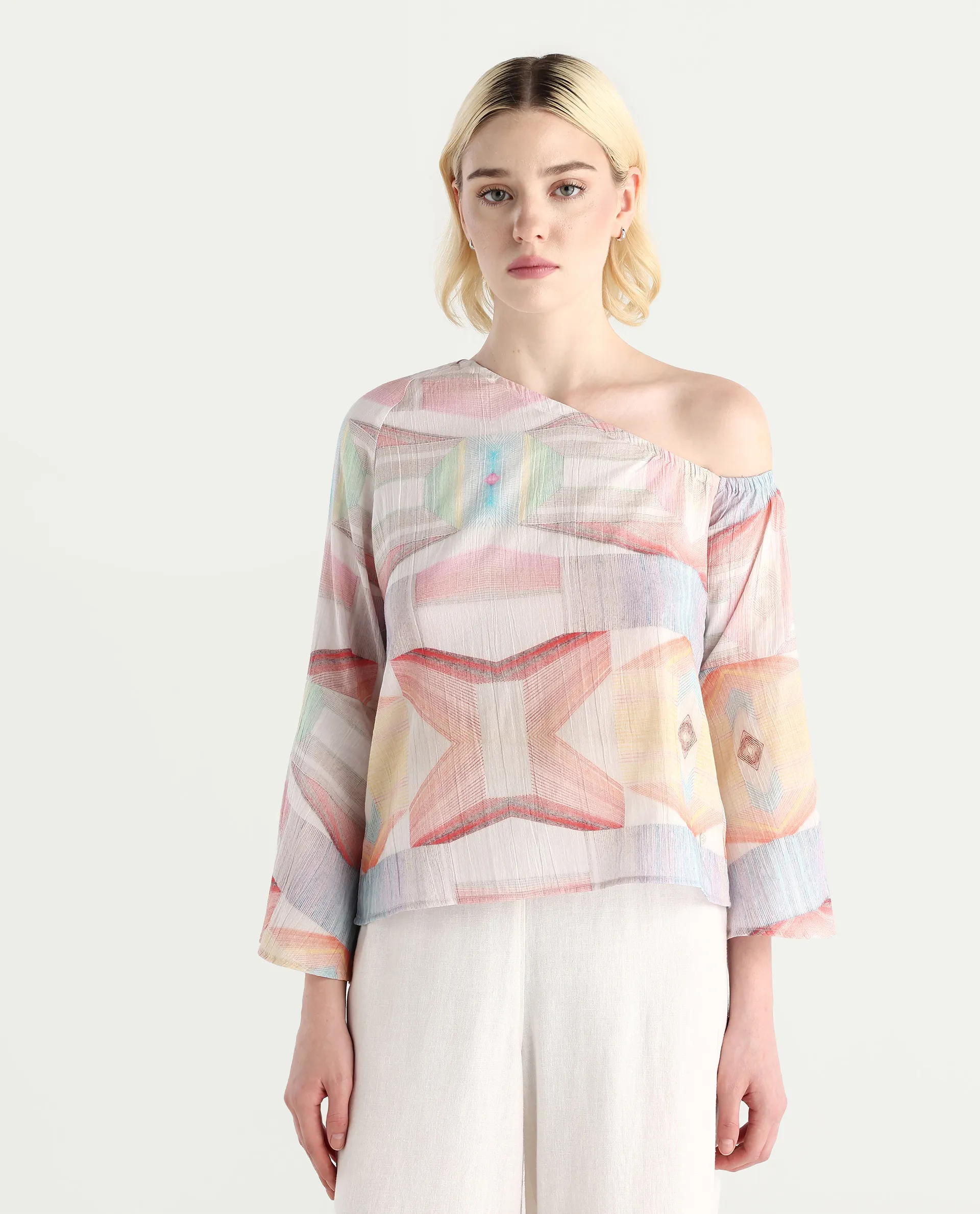 Rareism Women's Leightono Sc Dusky Multi Cotton Blend One Shoulder Abstract Print Raglan Sleeve Regular Fit Top - Image 2