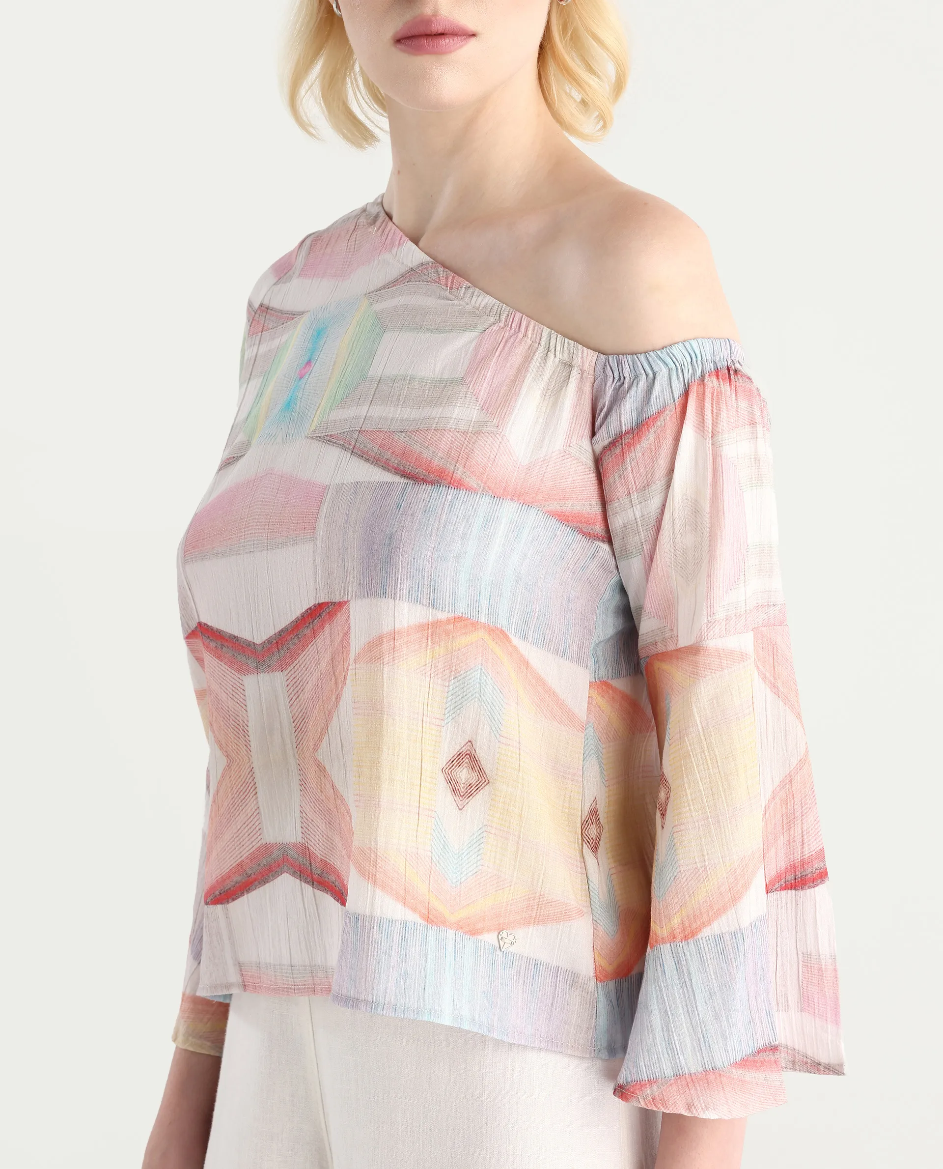Rareism Women's Leightono Sc Dusky Multi Cotton Blend One Shoulder Abstract Print Raglan Sleeve Regular Fit Top - Image 3
