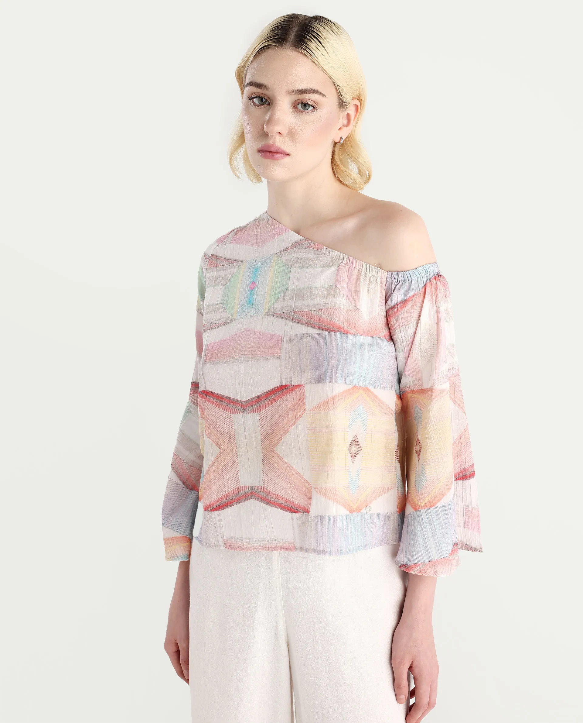 Rareism Women's Leightono Sc Dusky Multi Cotton Blend One Shoulder Abstract Print Raglan Sleeve Regular Fit Top - Image 4