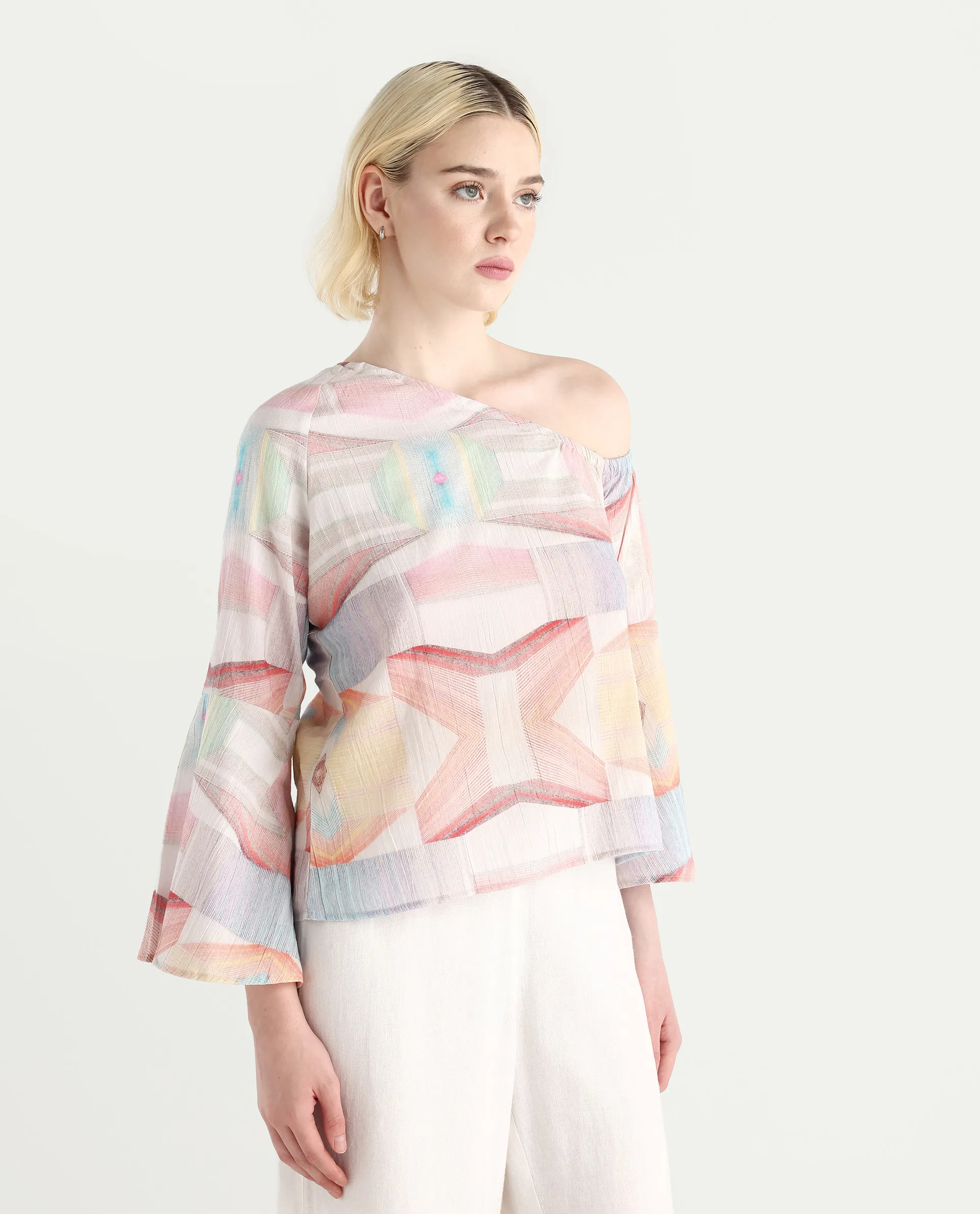 Rareism Women's Leightono Sc Dusky Multi Cotton Blend One Shoulder Abstract Print Raglan Sleeve Regular Fit Top - Image 5