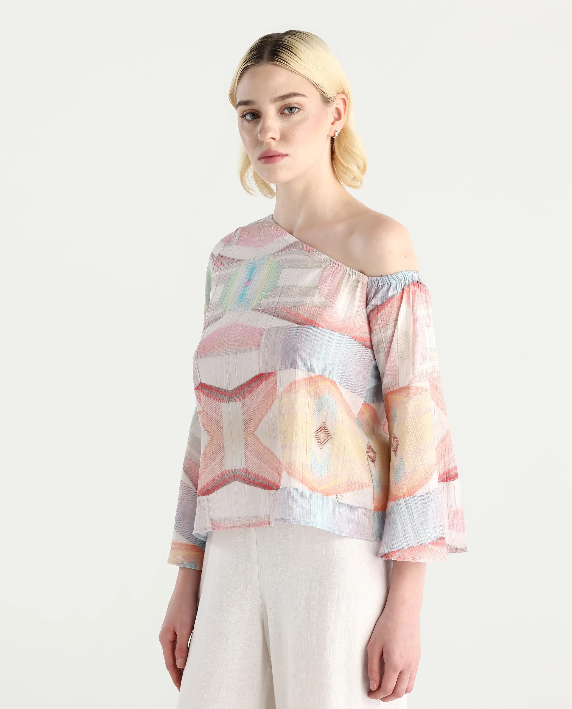 Rareism Women's Leightono Sc Dusky Multi Cotton Blend One Shoulder Abstract Print Raglan Sleeve Regular Fit Top - Image 6