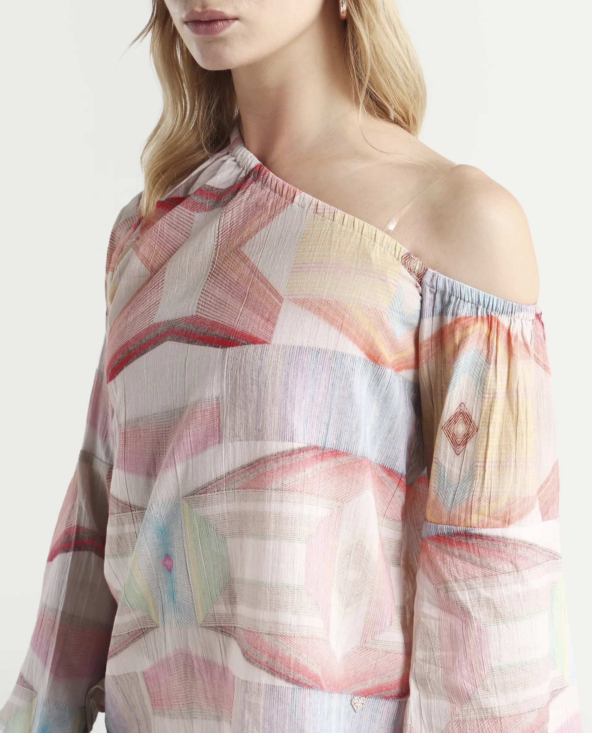 Rareism Women's Leightono Dusky Multi Cotton One Shoulder Abstract Print Raglan Sleeve Regular Fit Top - Image 4