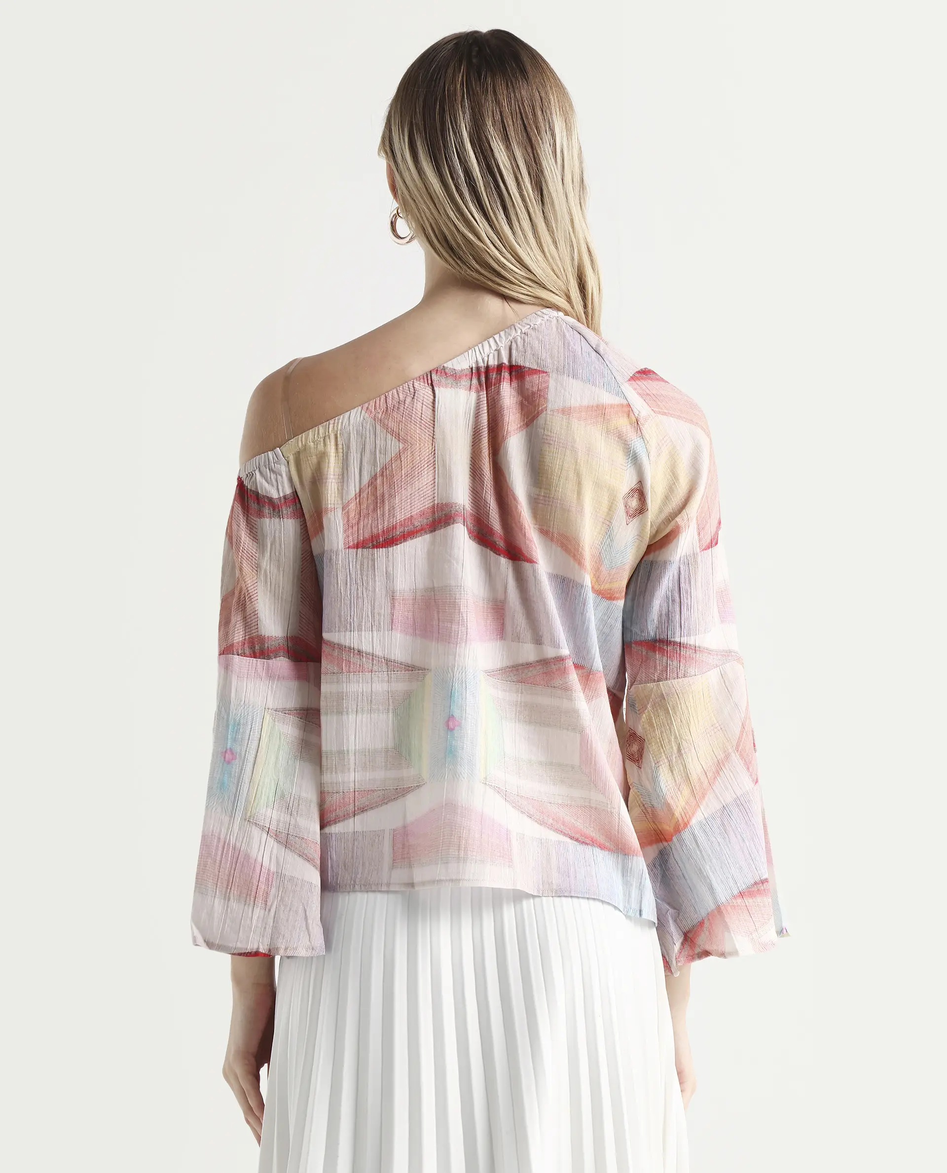 Rareism Women's Leightono Dusky Multi Cotton One Shoulder Abstract Print Raglan Sleeve Regular Fit Top - Image 7