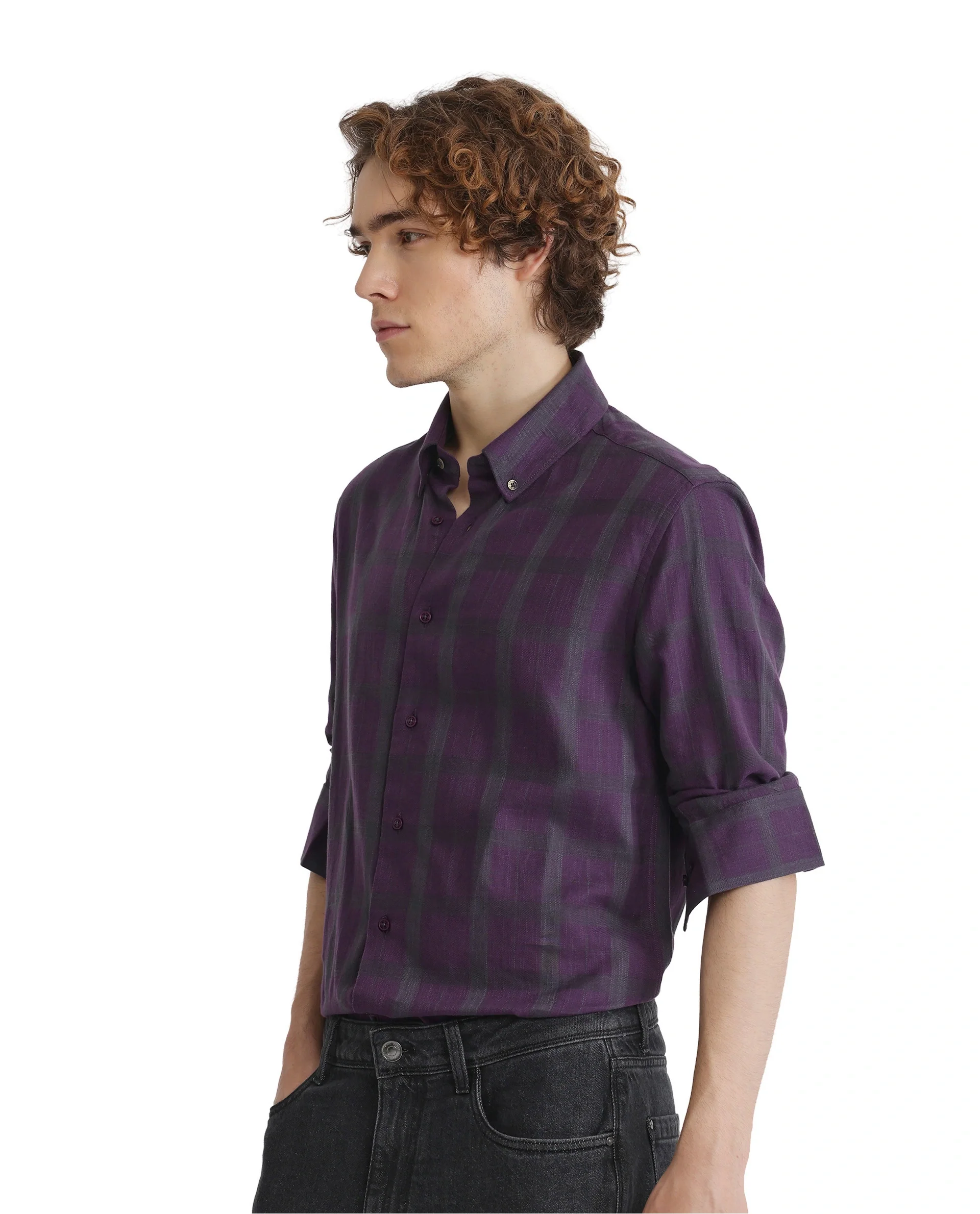 Rare Rabbit Men's Leip Purple Checked Print Regular Fit Full Sleeve Collared Shirt - Image 10