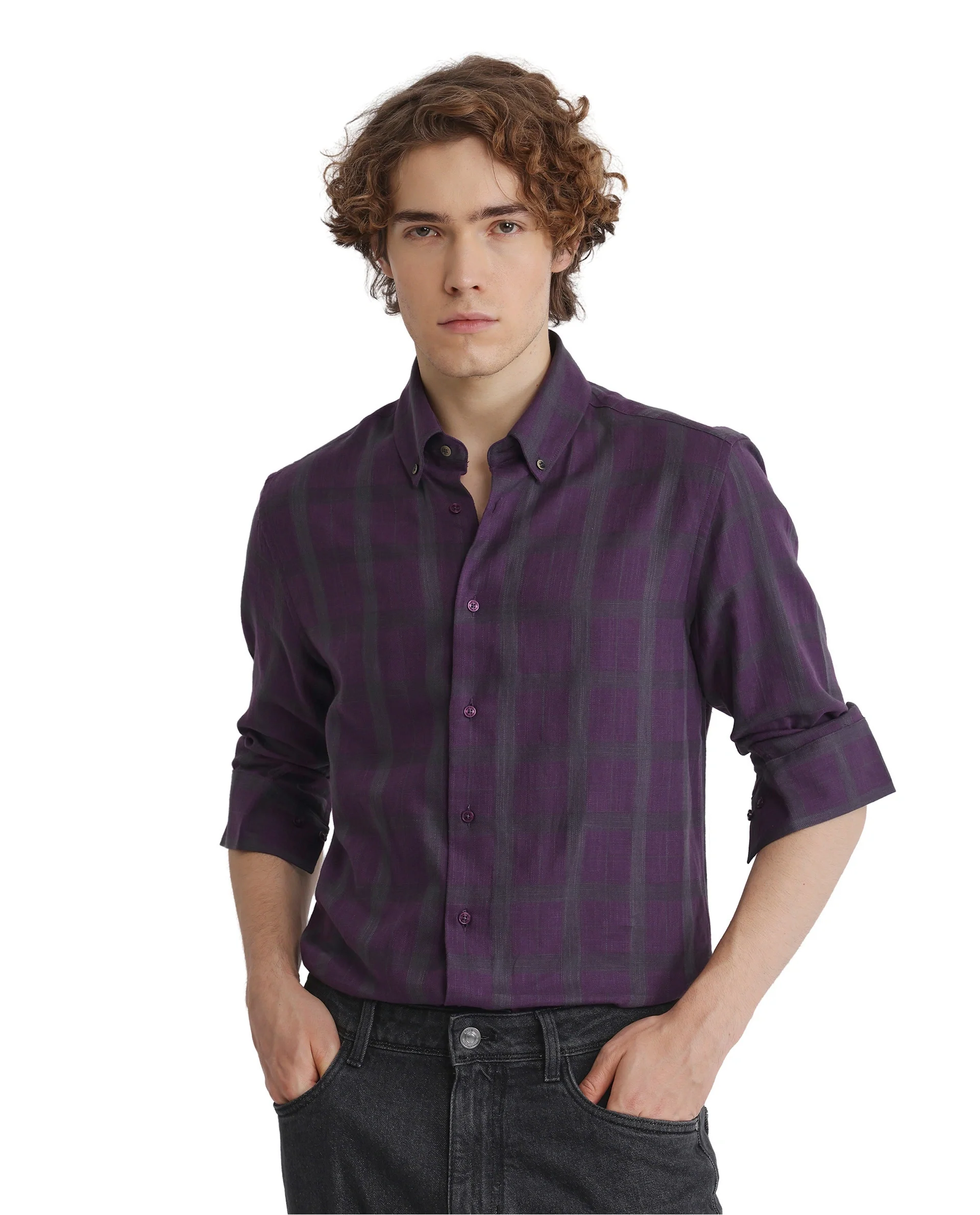 Rare Rabbit Men's Leip Purple Checked Print Regular Fit Full Sleeve Collared Shirt - Image 3