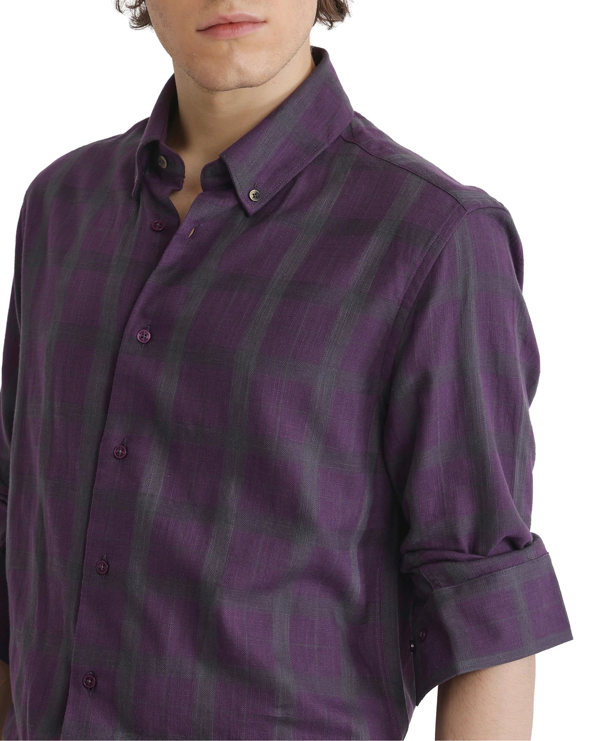 Rare Rabbit Men's Leip Purple Checked Print Regular Fit Full Sleeve Collared Shirt - Image 5