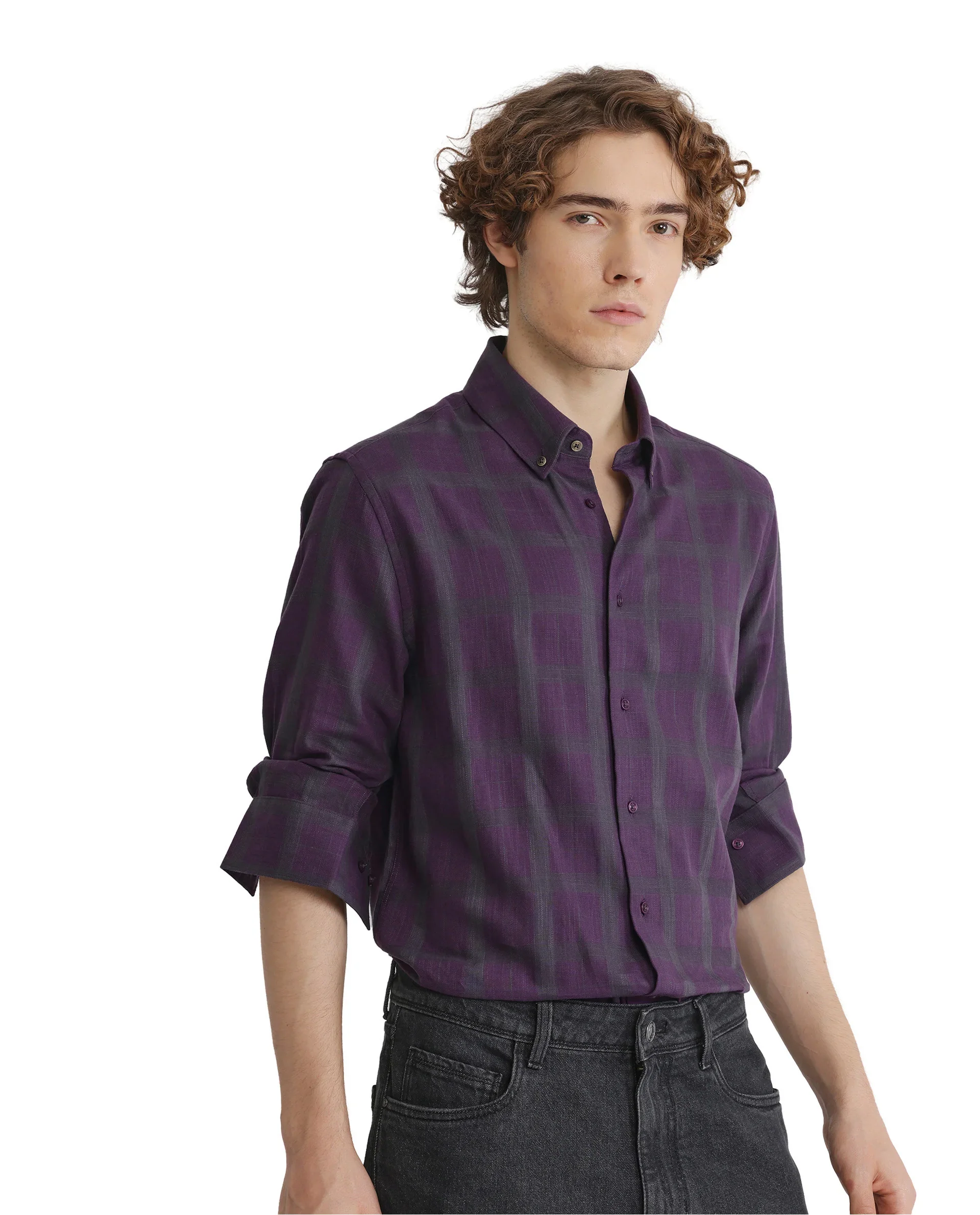 Rare Rabbit Men's Leip Purple Checked Print Regular Fit Full Sleeve Collared Shirt - Image 8